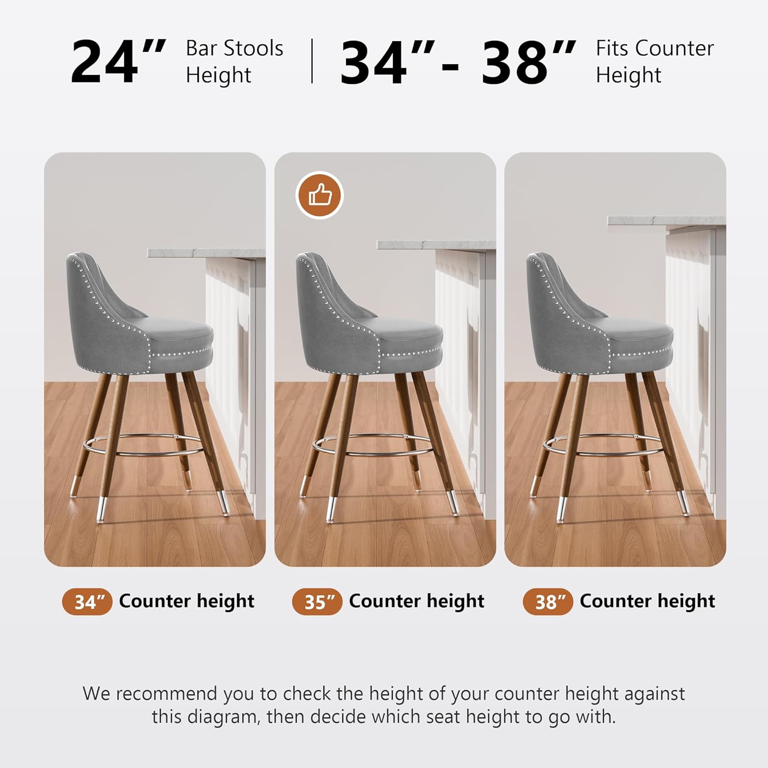 Counter Height Bar Stools Set of 2, 24" Leather Bar Stools with Backs, Swivel Counter Stools with Wooden Legs for Kitchen, Dining Room, Bar, Grey