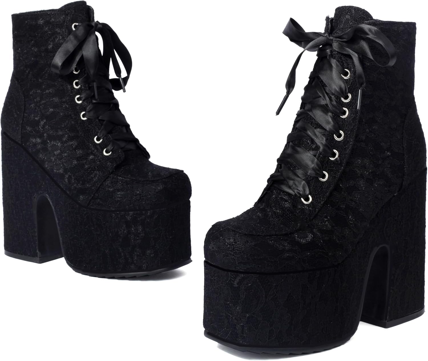Shinelly Platform Boots for Women Goth Rave Boots Chunky Block High Heel Round Toe Combat Ankle GOGO Boot Lace Up Side Zip Lace Flower Punk Prom Costume Gothic Booties for Concert