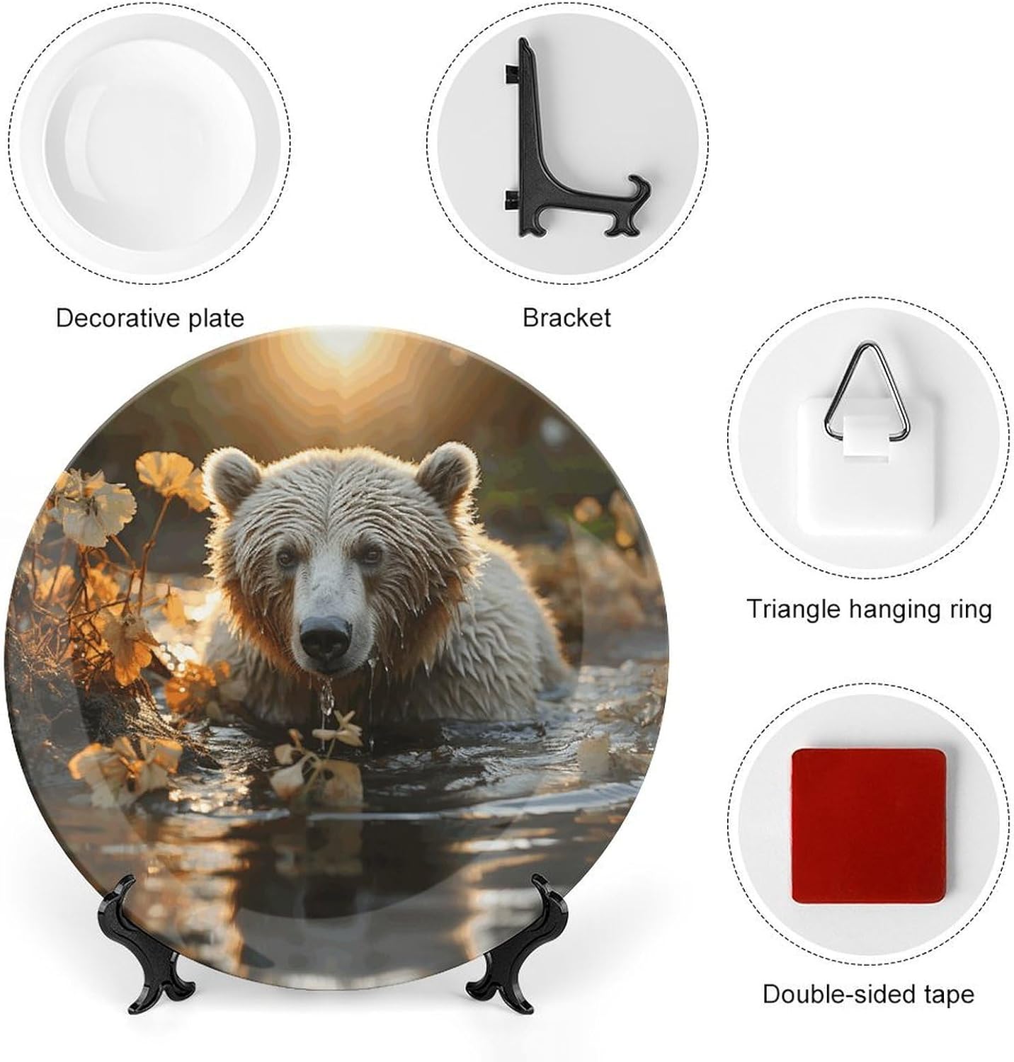 Bear Crossing The River Ceramic Plate 10inch Decorative Bone China Wall Hanging Ornament Plates Bohemian Style Dinner Plate with Display Stand Cabinet Display Plates for Home Art Decor