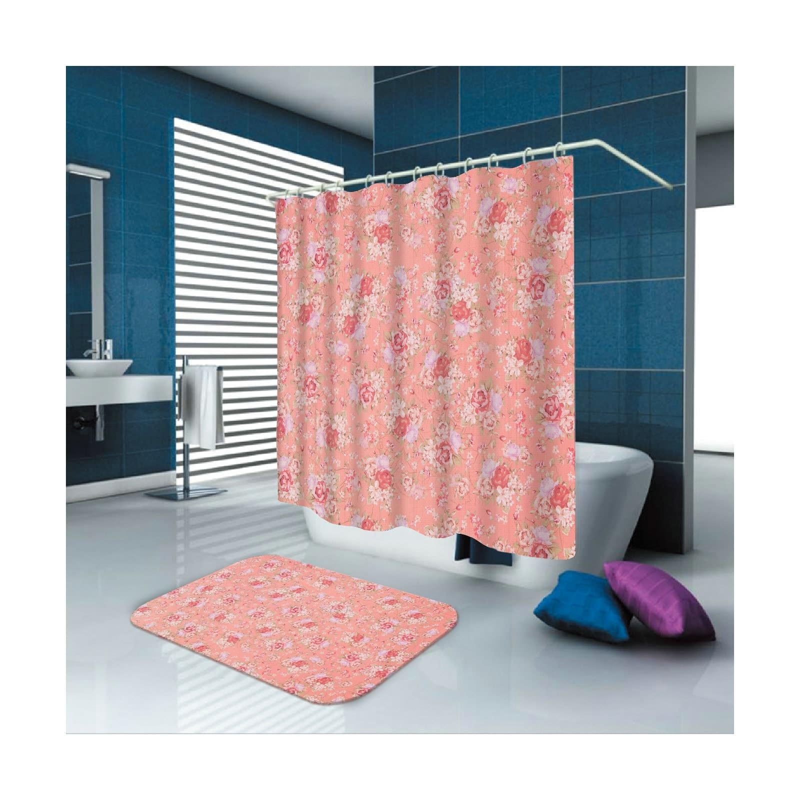Rideau de douche lavable en machine textile motif floral avec anneaux inclus