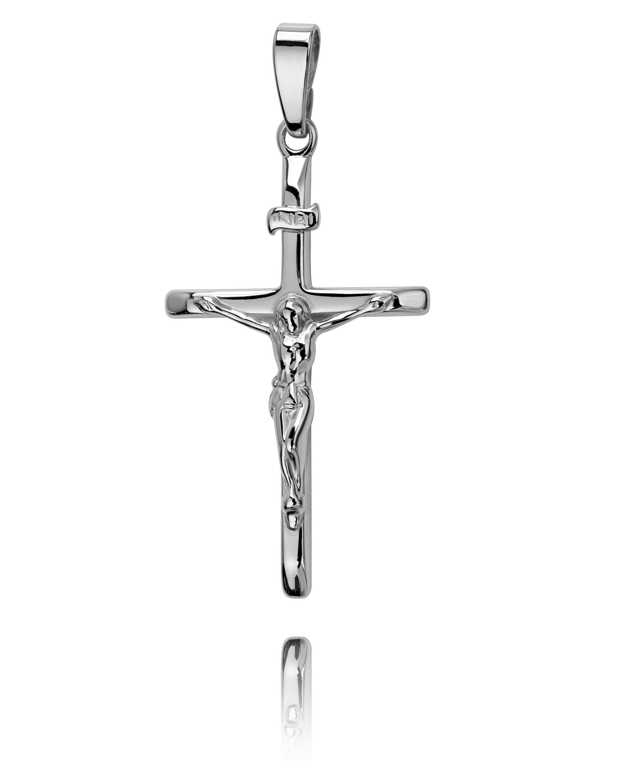 Kreuz-Anhänger 585 Weißgold Jesus Christus mit INRI-Gravur für Damen, Herren und Kinder als Kettenanhänger mit Schmuck-Etui