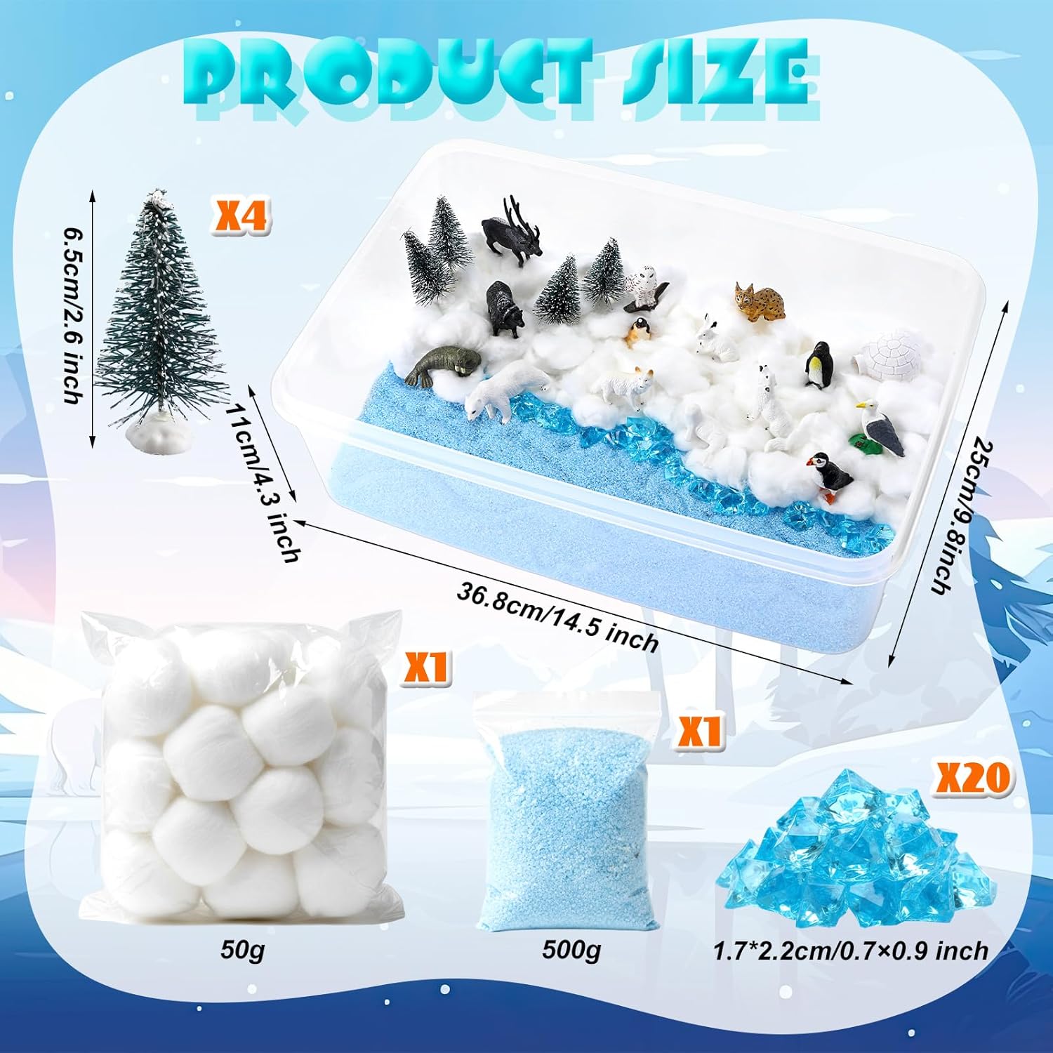 42 Pcs Winter Sensory Bin Fillers Snow Play Sand Toy Kit with Arctic Animals Figurines Counting Sorting Pine Trees Cotton Ball Bag Blue Sand Stone for Preschool Polar Project Education Birthday Gifts