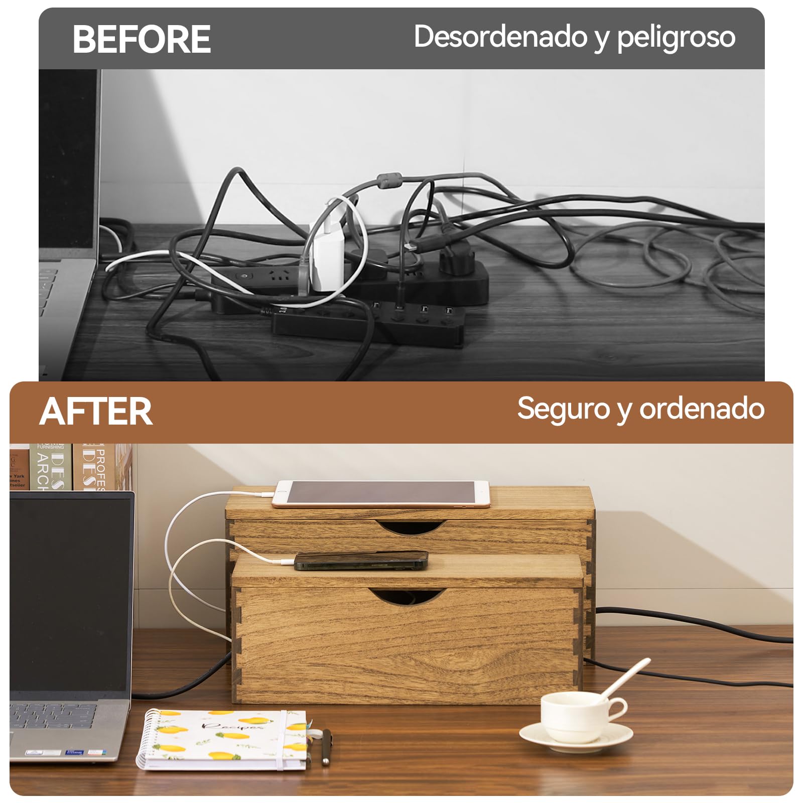 KIRIGEN Caja de Cables de Madera Maciza, Juego de 2 Caja de Cables Grande para enchufes, Cargadores y Almacenamiento de Cables, organización de routers Amarillo-marrón