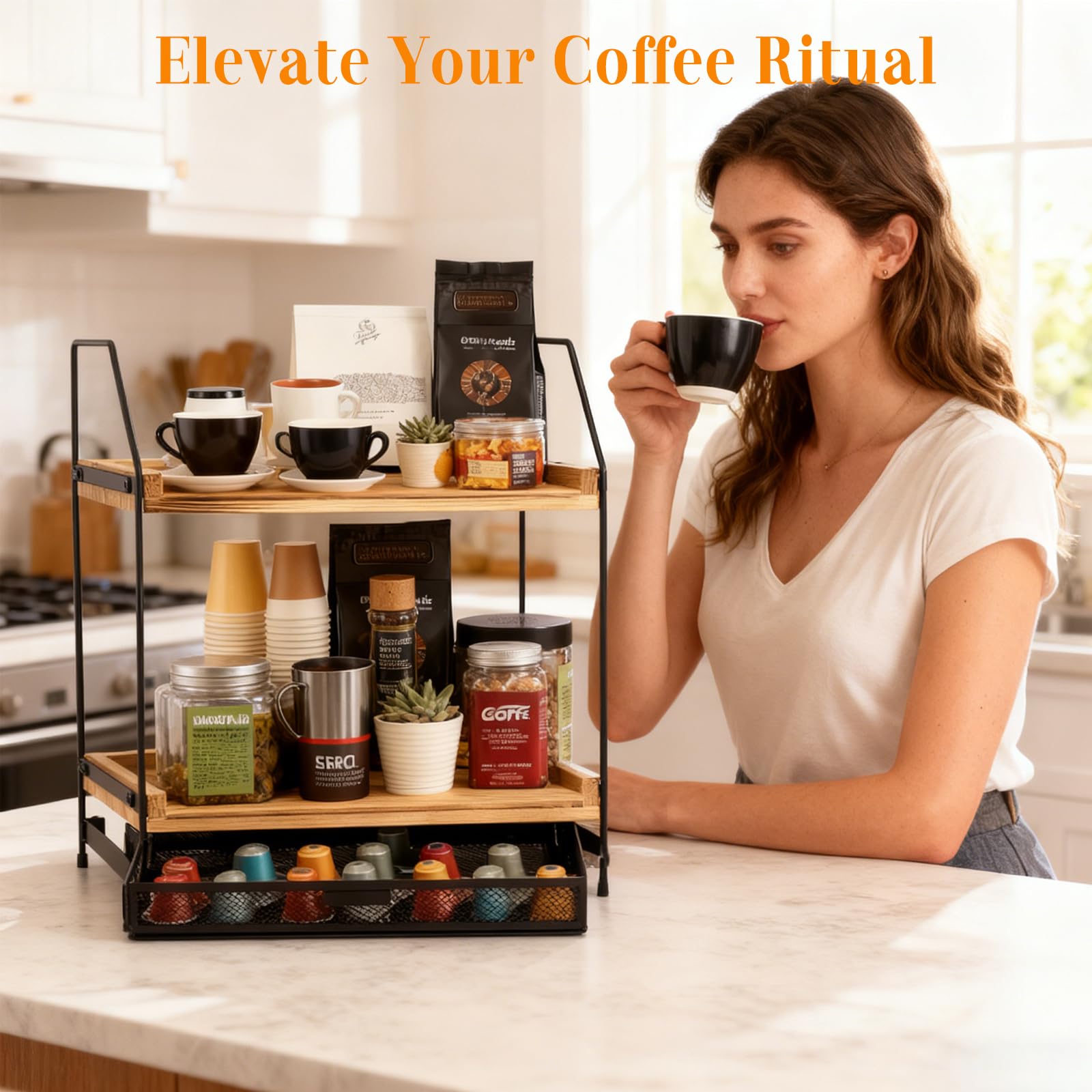 Organizador de estación de café con almacenamiento de cápsulas, organizador de estación de café de 2 niveles con soporte para cápsulas, soporte para tazas de encimera, almacenamiento de barra