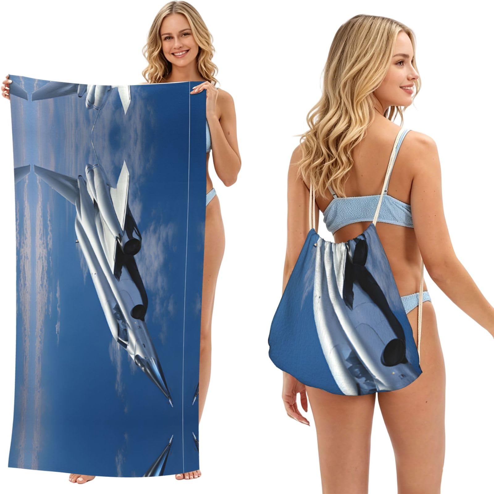 ESNAIUVCD Flying Airplane Print Beach Towel For Adults,Towel With Drawstring Bag, Travel Pool Swimming Sports Shower Sand Free Quick Dry Bath Towel For Pool, Beach, Yoga- 180x60cm