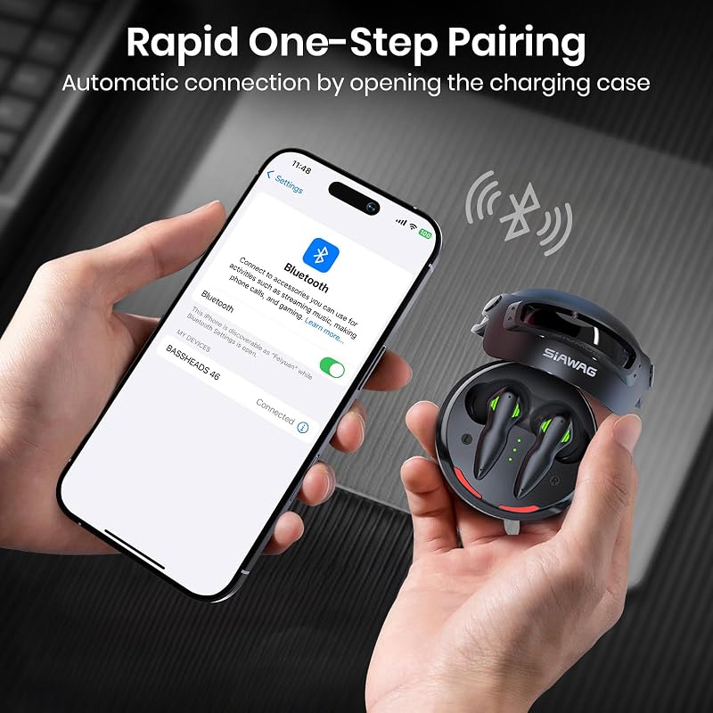 Wireless Earbuds Bluetooth 5.4 Headphones 35H Stereo Deep Bass in-Ear Buds with ENC Call Noise Cool Gaming Bluetooth Headphones with 25ms, IP5 Dual Mode Earphone for Gaming Sport Workout, Black image 2
