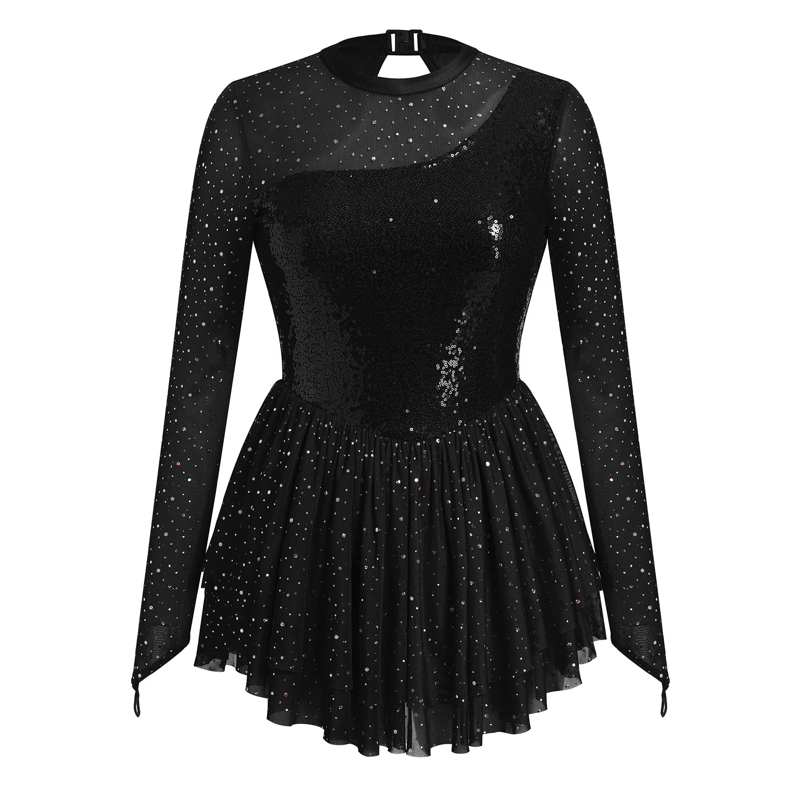 AFAVOM Sequin Figure Skating Dress for Women Girls Long Sleeve Mesh Rhinestone Ice Skating Dress Glitter Asymmetrical Chiffon Skirt Shiny Ballet Lyrical Costume for Competition Performance Black S