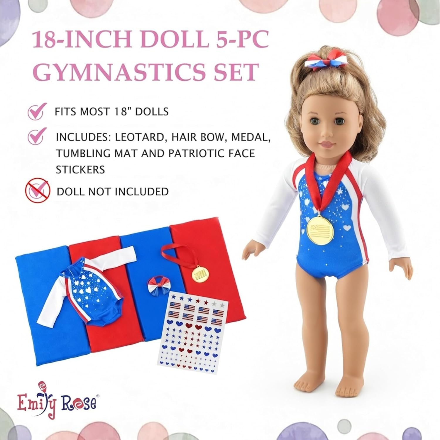 Emily Rose 18" Doll Gymnastics Outfit 5-Piece Set - Bejeweled Athletic Gymnast Leotard, Medal, Hair Bow, Mat, & Reuseable Stickers | American Girl Compatible | Trusted USA Brand | NO Doll