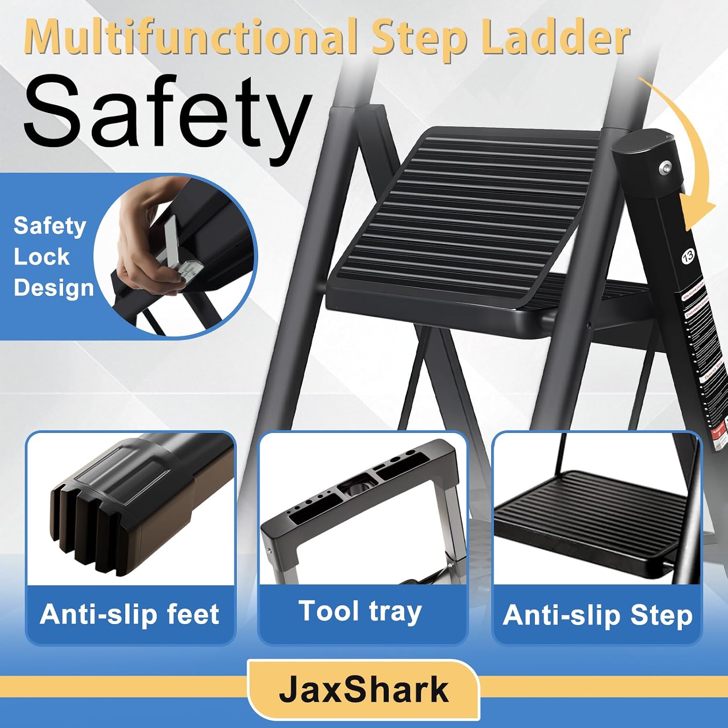 3 Step Ladder with Handrail Folding Step Stool with Tool Tray 500LBS Capacity Sturdy Carbon Steel Frame Anti-Slip Stripe Pedal for Home Kitchen Garage (black-3step)