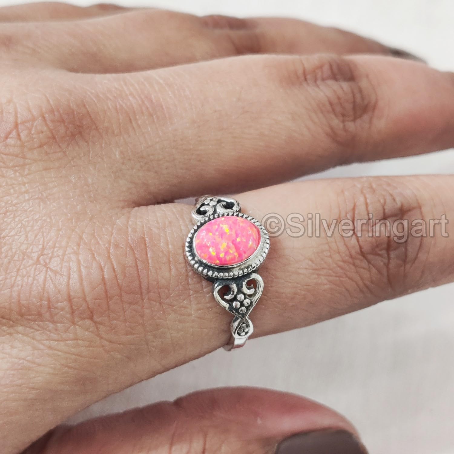 Natural Pink Opal Ring, Pink Opal Gemstone Ring, Tiny Bohemian Ring, 925 Sterling Silver, Designer Womens Ring, Christmas, Thanksgiving, Handmade, Statement Jewelry, Natural Pink Opal