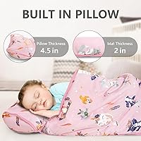 Vista 4 de Primlect Thickened Toddler Nap Mat with Removable Pillow and Minky Blanket, Extra Large 55''x35'' Sleeping Bag, Washable, Roll up, Perfect for Pink