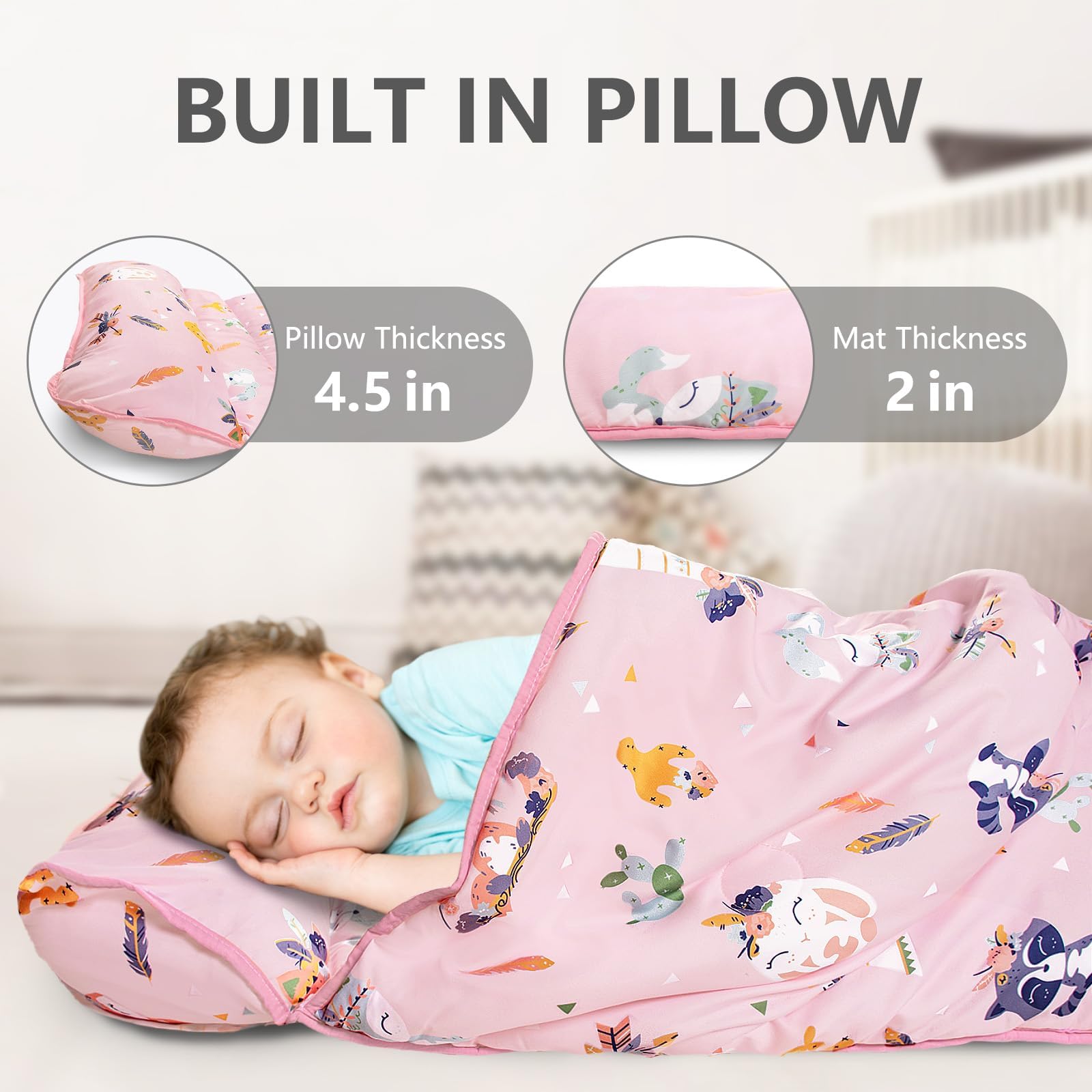 PRIMLECT Toddler Nap Mat with Pillow & Fleece Blanket - 55''*35''*3'' - Perfect for Preschool, Daycare & Sleepovers