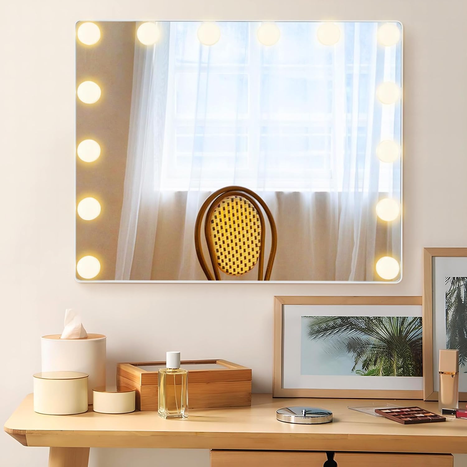 FANTASK 2-in-1 Hollywood-Spiegel mit 14 dimmbaren LED-Lichtern, Schminkspiegel, Kosmetikspiegel mit Smart-Touch-Steuerung, Tischspiegel mit Metallständer