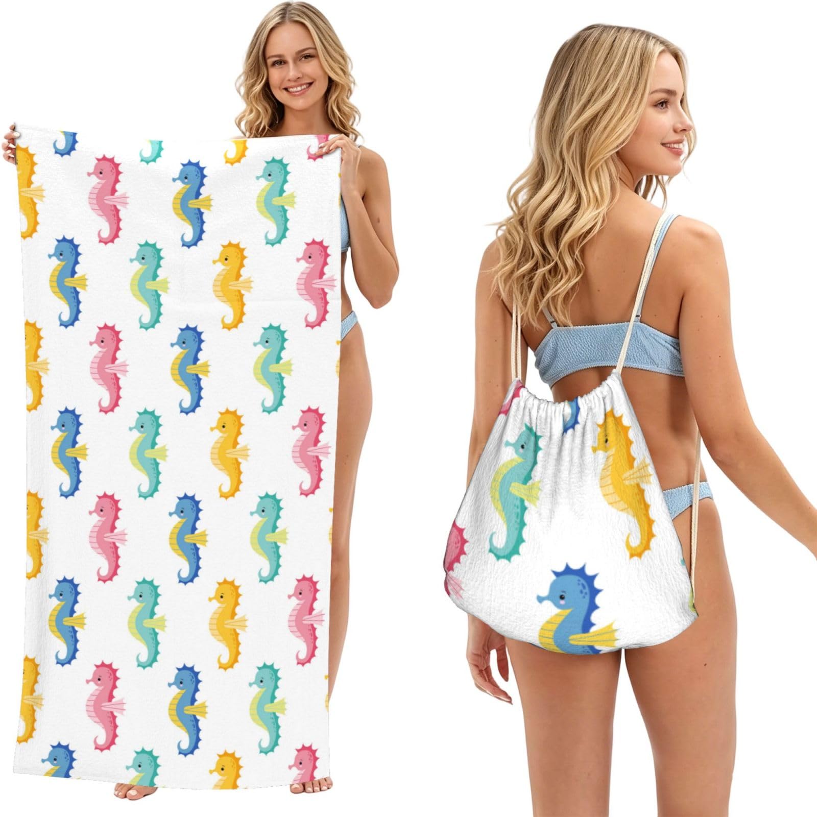 Poadnly As Picture Seahorse, 2 In 1 Packable Towel Bag, Beach Towels With Drawstring Backpack For Travel Holiday Camping