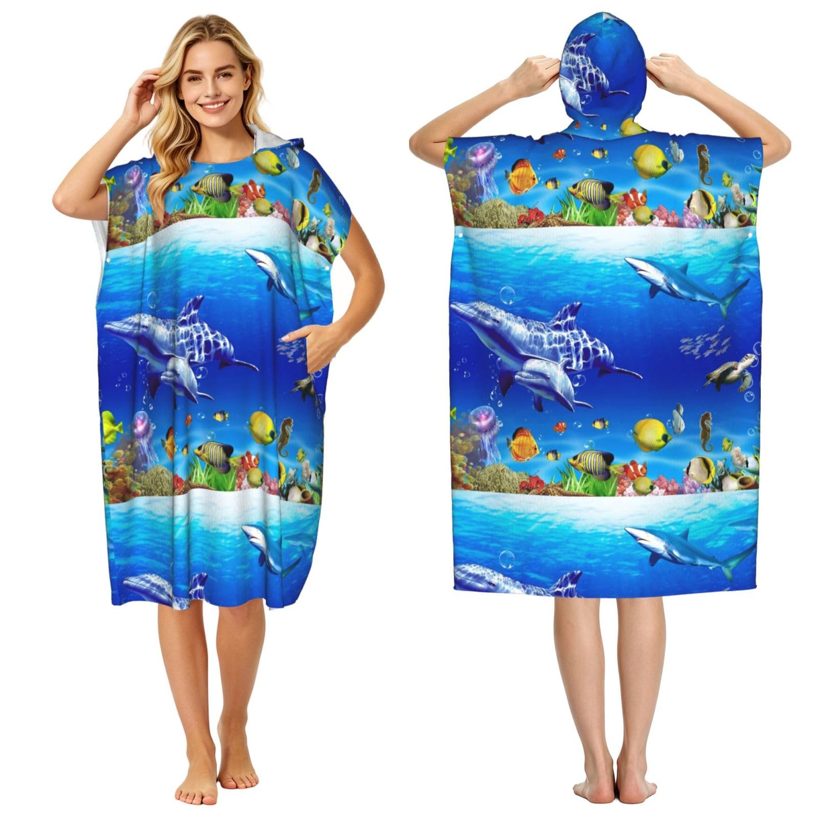 Poadnly Seabed Coral Fish, Adult Hooded Beach Towel 90 x 110 cm,Changing Bath Robe, Surf Poncho Towel For Women Men