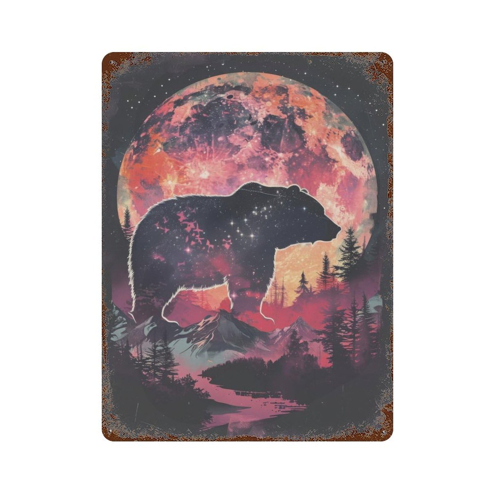 Retro Metal Sign with Bear Silhouette Galaxy Design 15.7"x11.8", for Shed, Workshop And Garage Wall Decor, Industrial Home Decor