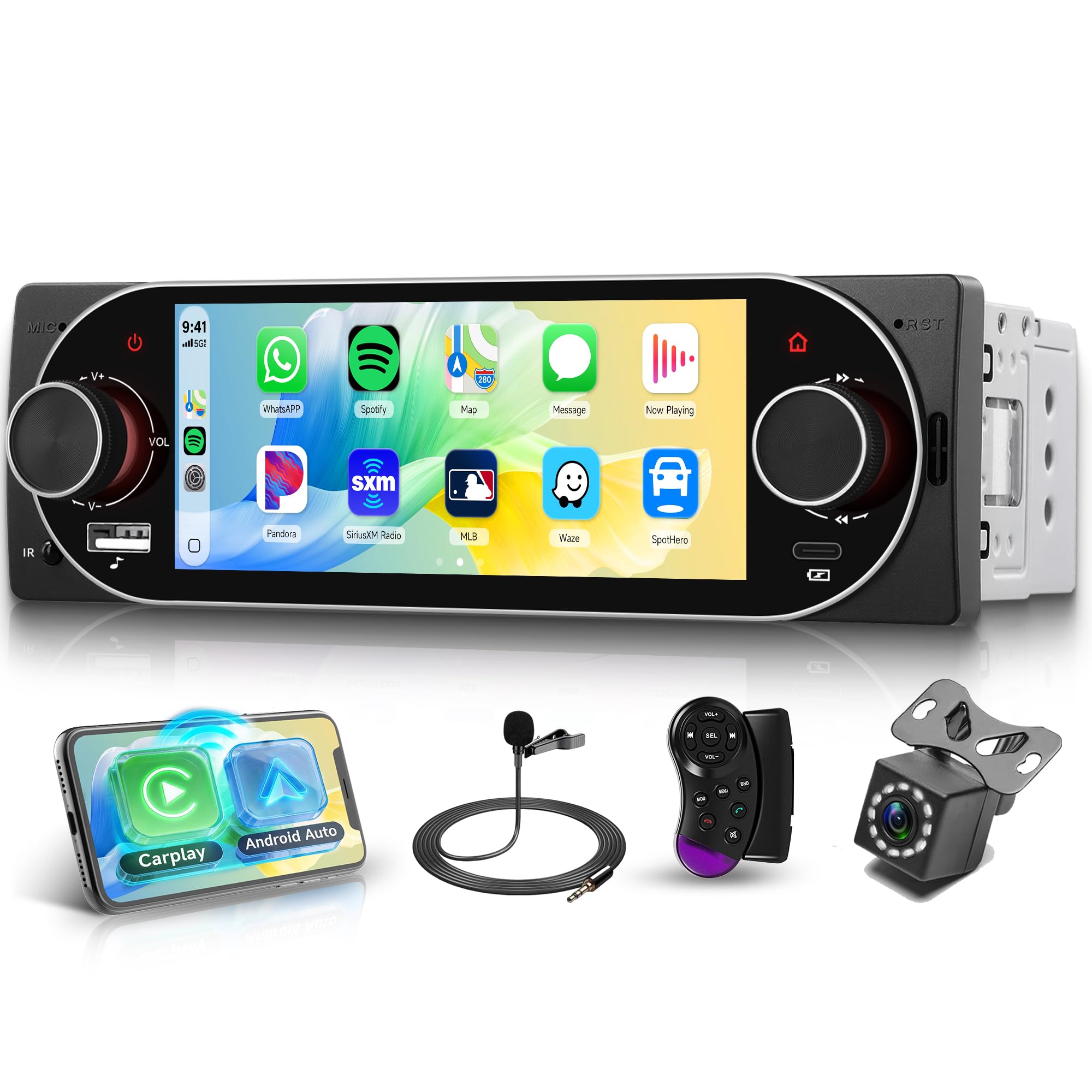 Rimoody Radio de Coche 1 DIN con Inalámbrico Carplay Android Auto iOS/Android Mirror Link, 5.1 Pulgadas Incell Touchscreen Radio Coche con Bluetooth FM Radio USB/EQ Comandos al Volante Cámara Trasera