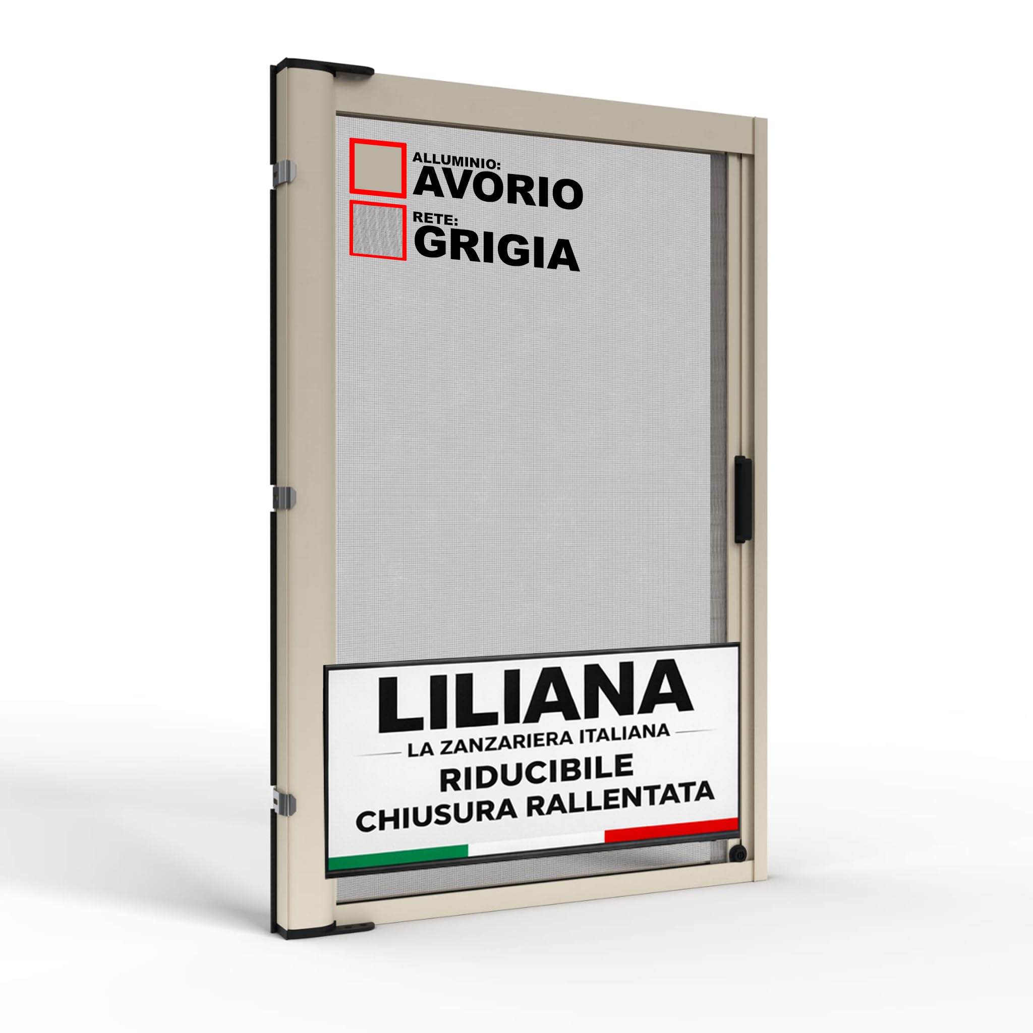 Zanzariera a Rullo "LILIANA" L 150 x H 250cm Laterale Riducibile per Porta Finestre Con Chiusura Rallentata e Magnetica - AVORIO RAL1013 con Rete in Fibra di Vetro Grigia - Made in italy