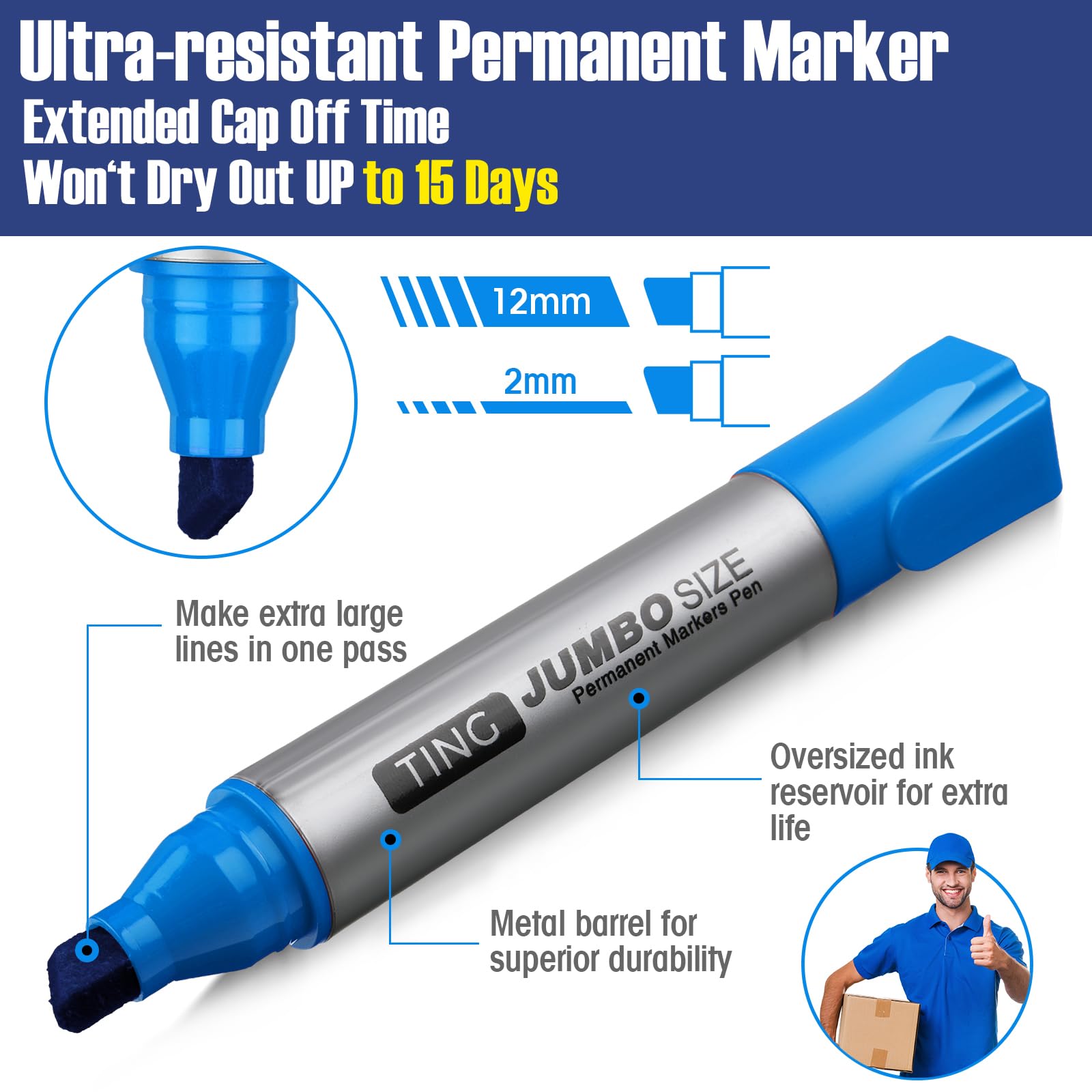Fuutreo Paquete de 10 marcadores permanentes gigantes, marcadores permanentes de punta de cincel grande, marcadores permanentes de secado rápido, marcadores impermeables para oficina, empresa de