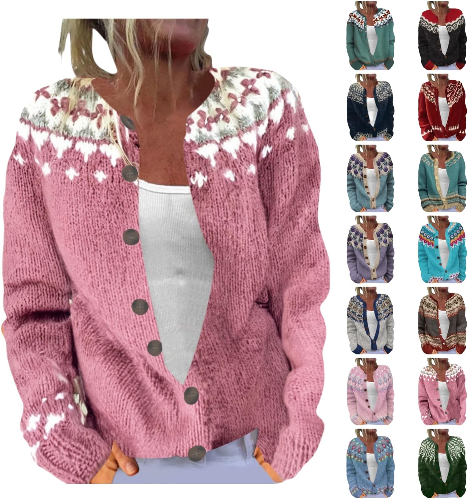 Cardigans for Women UK Fair Isle Nordic Patterned Sweater Long Sleeve Crew Neck Cardigan Jacket for Autumn and Winter