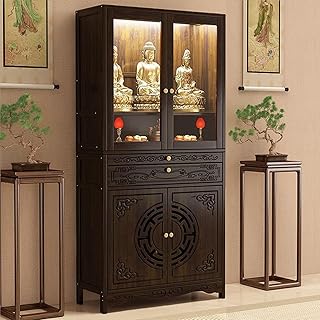 Solid Wood Buddhist Altar Cabinet with Storage Space and Retractable Meditation Table, Chinese Cabinet Pedestal Offering Table, Multi-Tier Buddhist Butsudan Shrine
