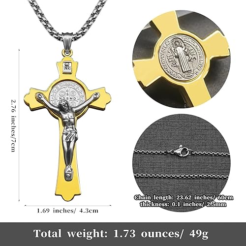 Miniatura 3 de Anwlki Collar de crucifijo de San Benito, medalla de San Benito, cruz bendiga seguridad, colgante religioso para hombres, mujeres, familia, padres,