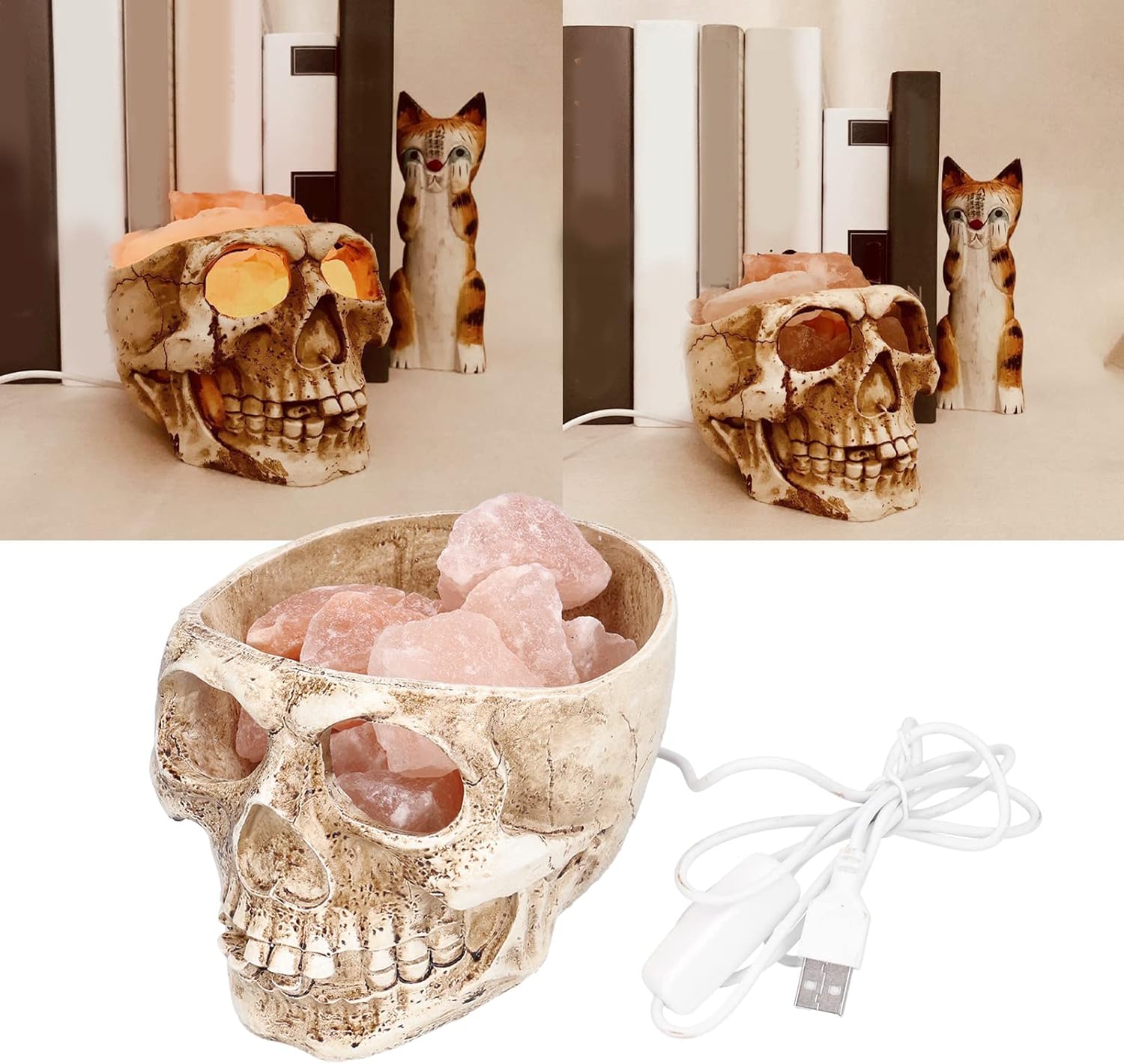 Crystal Salt Lamp with Stepless Dimming, Skull Shape LED Night Light, Dimmable Salt Rock Lamp for Bedroom Meditation, USB Powered Decorative Air Purifying Light