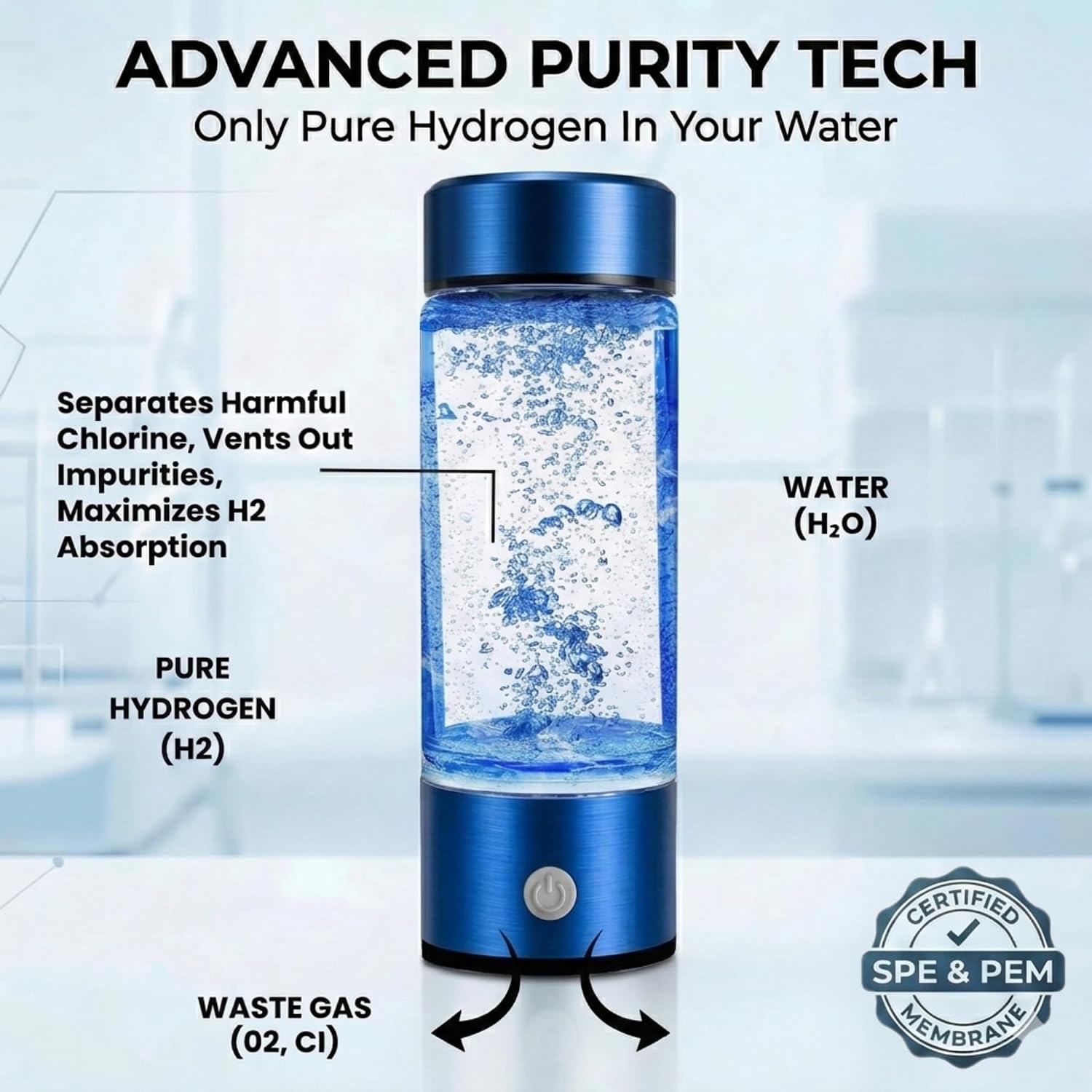 Hydrogen Water Bottle, Portable & Rechargeable – Molecular Hydrogen Water Generator, Alkaline Ionizer, Hydrogenated Water Purifier for Health & Fitness with Hydrogen-Rich Water Blue