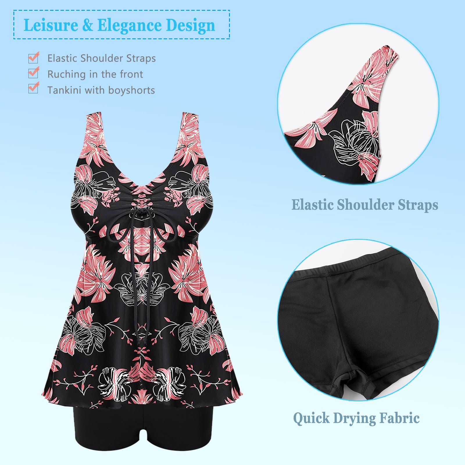 Maillot de Bain Femme 2 Pieces Tankini Imprimé Rembourré Maillot avec Short Débardeur Bikini Beachwear