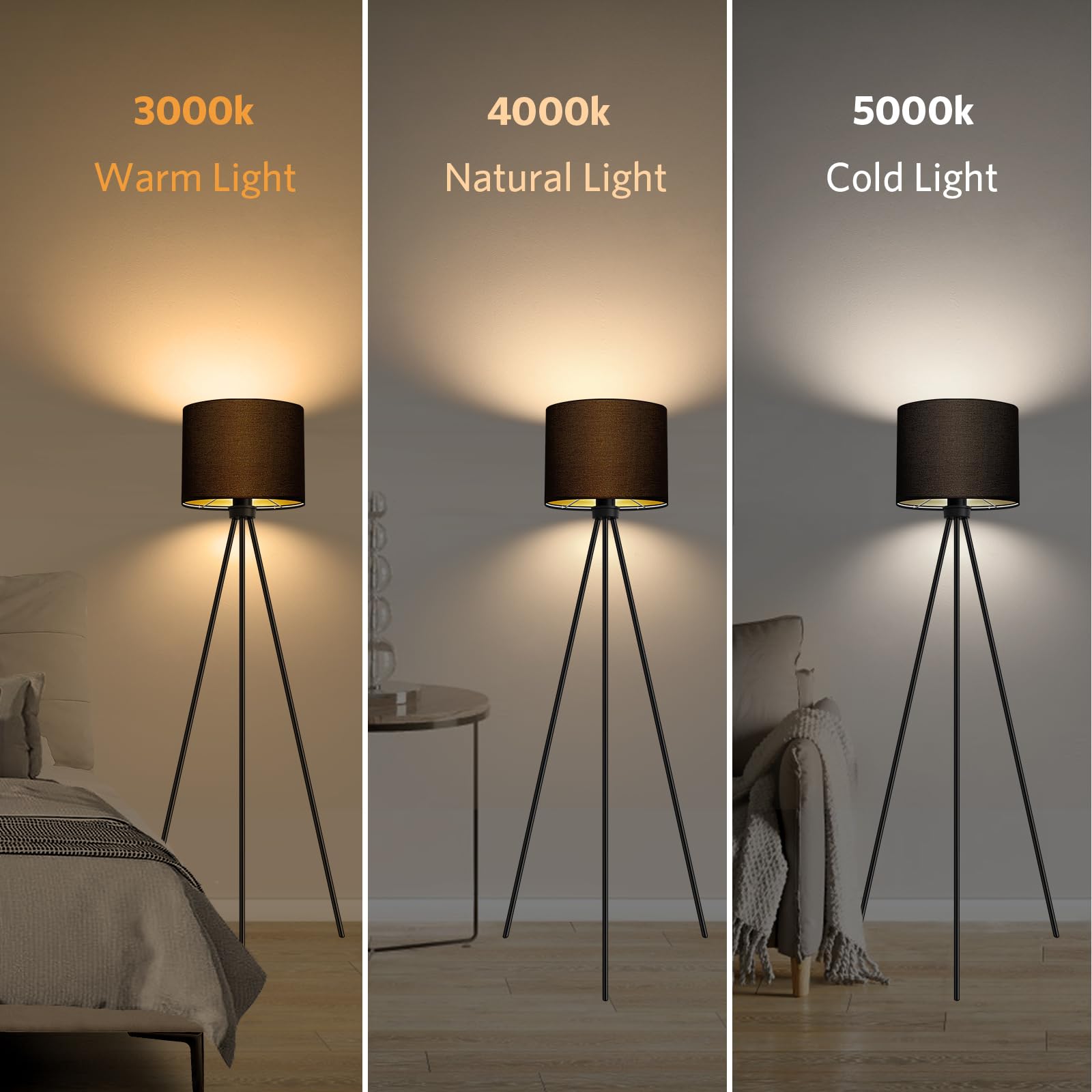 BBHome Lámpara de pie LED regulable, con 3 temperaturas de color bombilla E27, lámpara de pie moderna con trípode de metal, lámpara de pie sala de estar, dormitorio, estudio, oficina, Negro-dorada