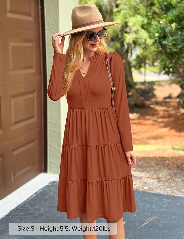 ZESICA Women's 2026 Fall Long Sleeve Ruffle Midi Dresses Rust M by ZESICA - Used condition - Image 5