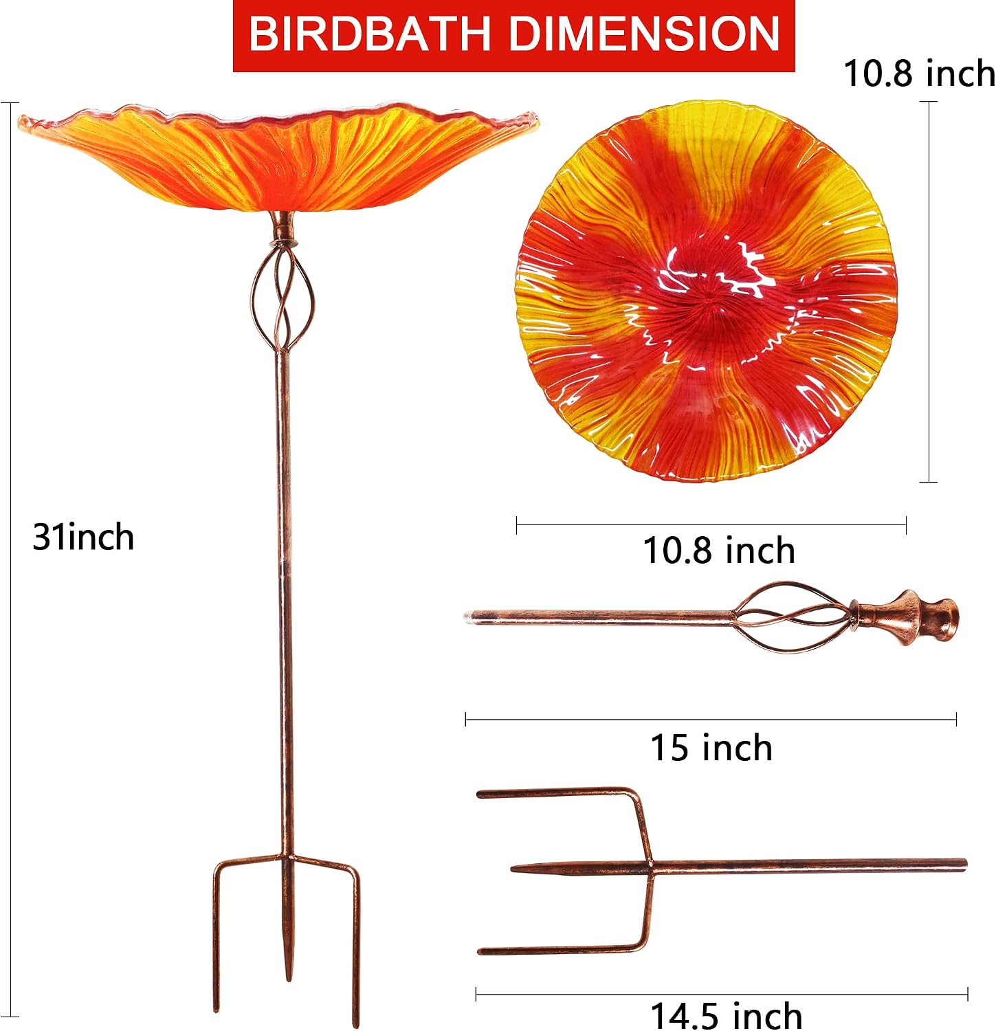BEBEKULA Glass Bird Baths for Outdoors, 31" Height Bird Bath Bowl birdbaths for The Garden with Metal Stake (Red)