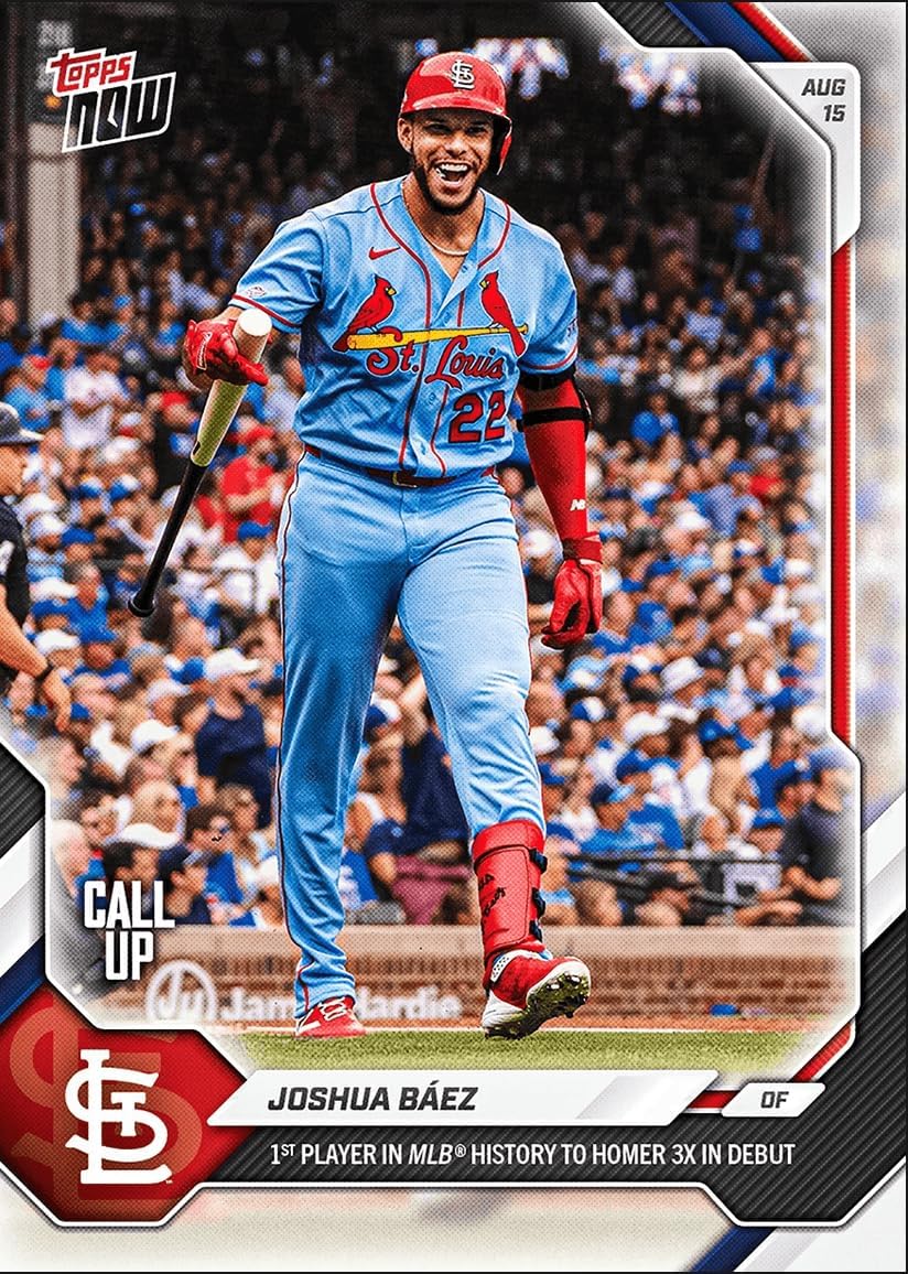 2026 Topps Now Joshua Baez # 555 1er jugador en la historia de la MLB en jonrón 3 veces en su debut Tarjeta de béisbol RC novato de los St Louis Cardinals