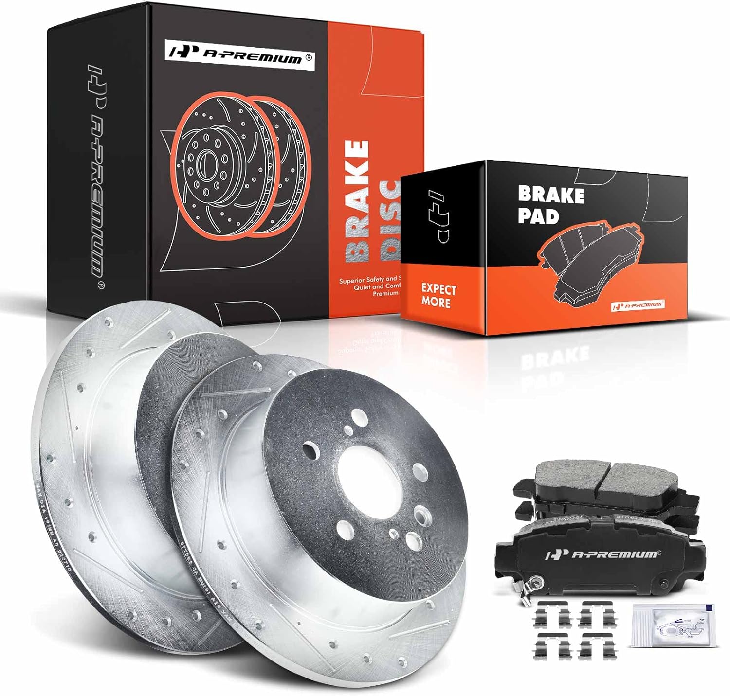 A-Premium 11.46 inch (291mm) Rear Drilled and Slotted Disc Brake Rotors + Ceramic Pads Kit Compatible with Select Toyota Models - Sienna 2004 2005 2006 2007 2008 2009 2010, 6-PC Set