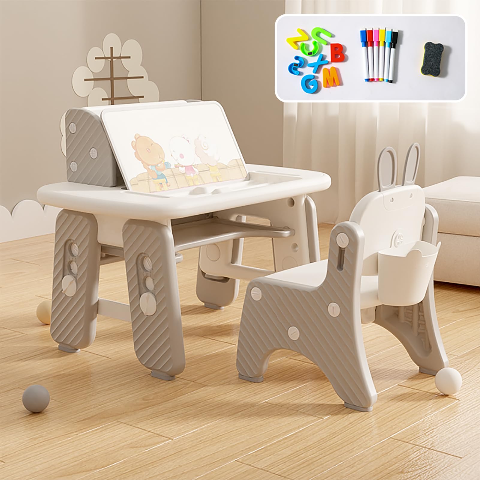 Kids Table and Chair Set with Drawing Desktop and Bookshelf, 4th Gear Height Adjustment Toller Table for Ages 3-11, A Easy to Clean Children's Table for Playing, Drawing, Reading or Eating.(Grey)