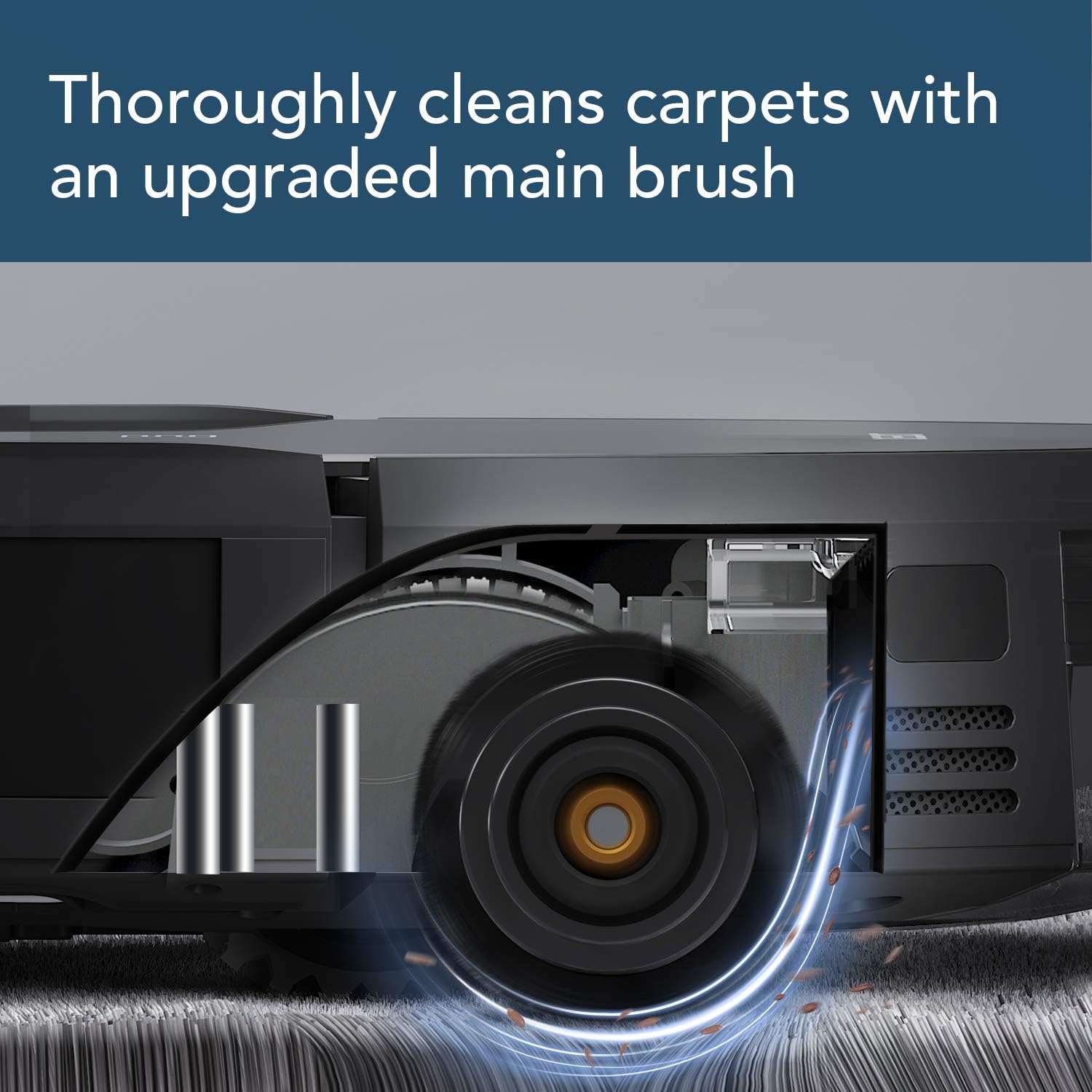 Close-up of ECOVACS DEEBOT 711S main brush cleaning a carpet