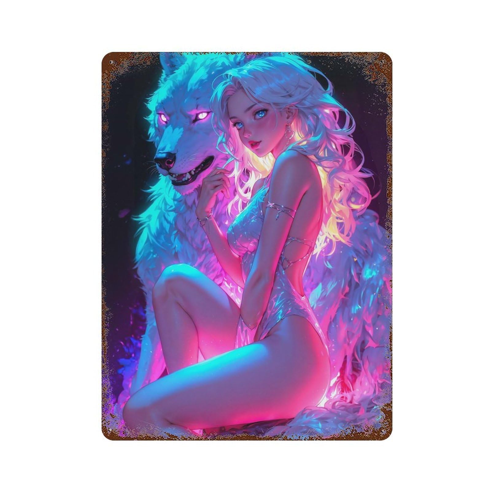 Neon Wolf Woman Weathered Tin Sign 15.7"x11.8", Rustic Home Decor for Garage, Bar And Workshop Decor