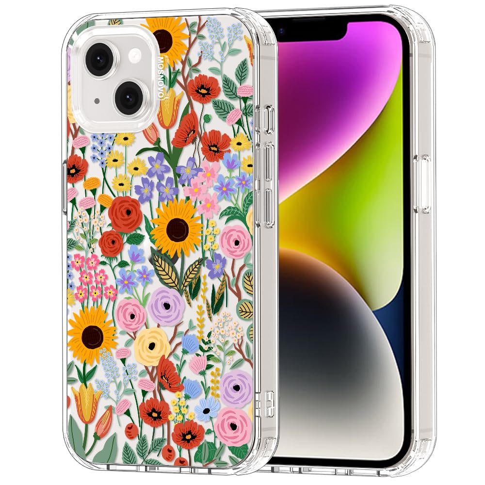 MOSNOVO for iPhone 13/14 Case | Military Grade 6.6ft Drop Tested | Clear with Blossom & Bloom Design