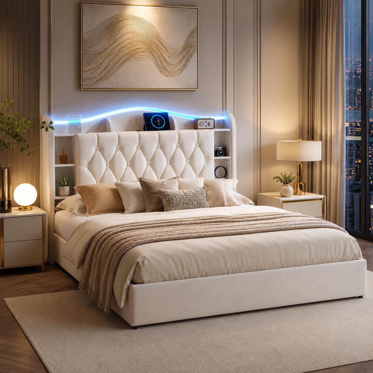 BRILVERDE Łóżko tapicerowane 160 x 190 cm, z miejscem do przechowywania, podwójne łóżko z diodami LED/USB, rama łóżka ze stelażem i zagłówkiem, łóżko młodzieżowe dla dorosłych i młodzieży, aksamitne