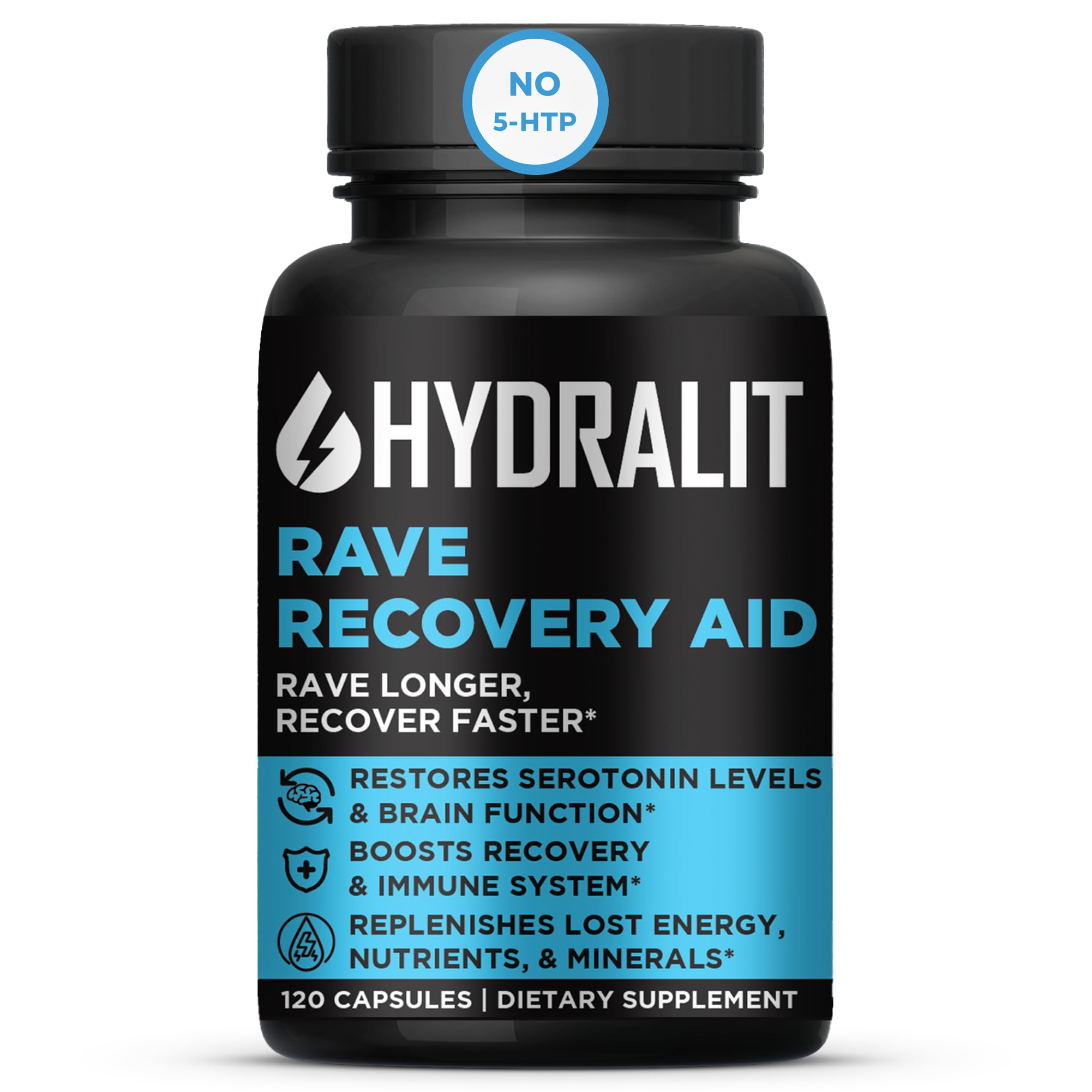 Hydralit Rave Recovery Aid Vitamins After Party Relief Pills Music Festival Accessories Rave Essential No 5-HTP Supplement Electrolytes Hydration Better Mornings Serotonin Energy Hangover 120 Capsules