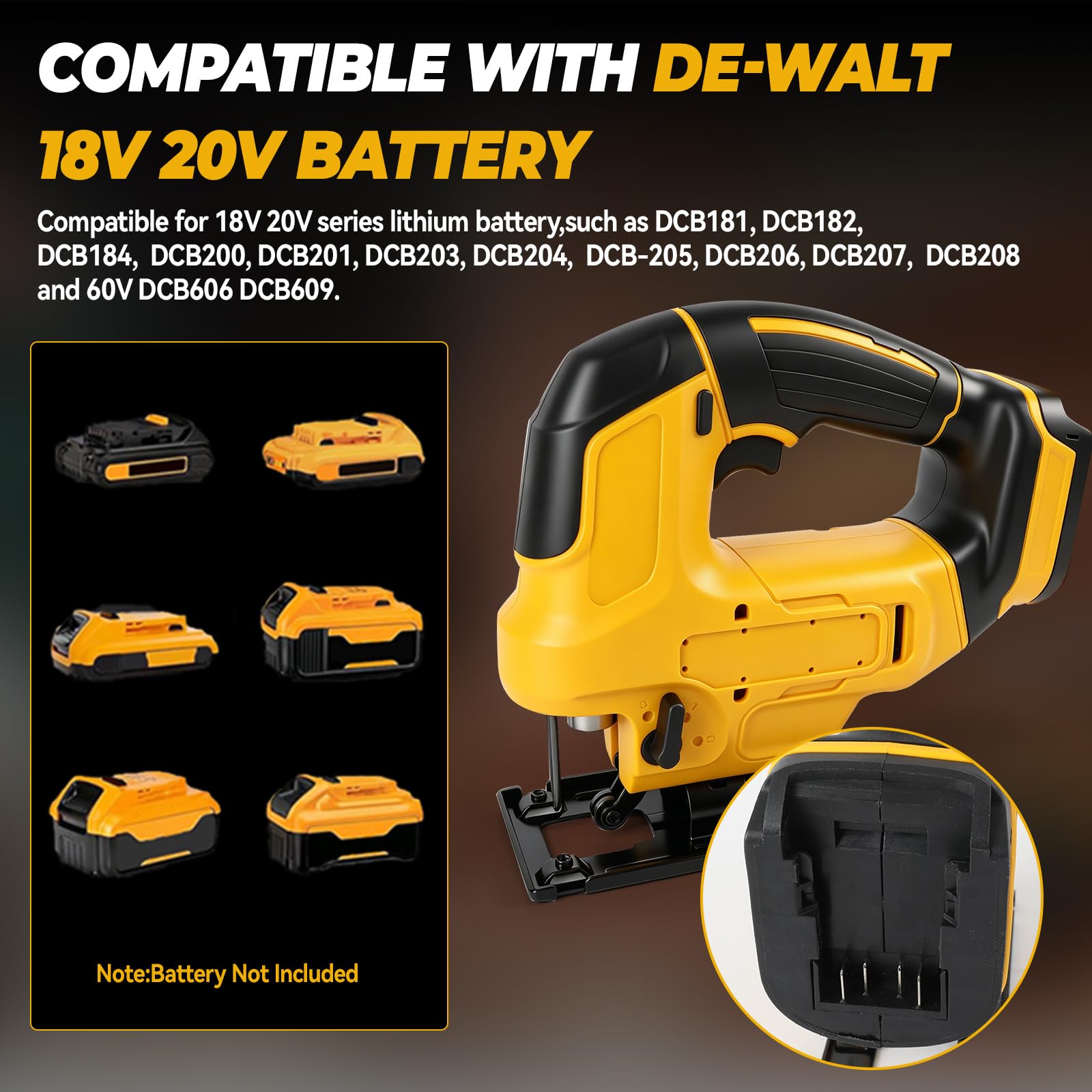Sierra de calar inalámbrica compatible con baterías DEWALT de 18 V/20 V, 20.000 rpm, motor sin escobillas, 4 posiciones de carrera, regulación de velocidad continua, carrera de 23 mm, 0-2750 carreras