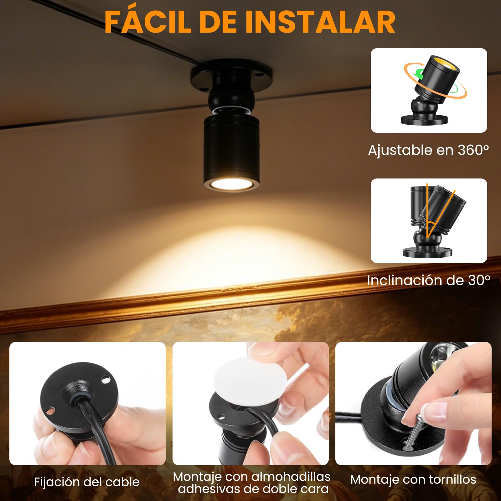 2 Piezas Mini focos LED 1.5 W,2-in-1Rotativo 360°Mini Spot Luz,3000K Blanca Cálida Luz Regulable Adecuado para Vitrinas Cuadros Pequeños Ducha Armarios Pasillos Salas
