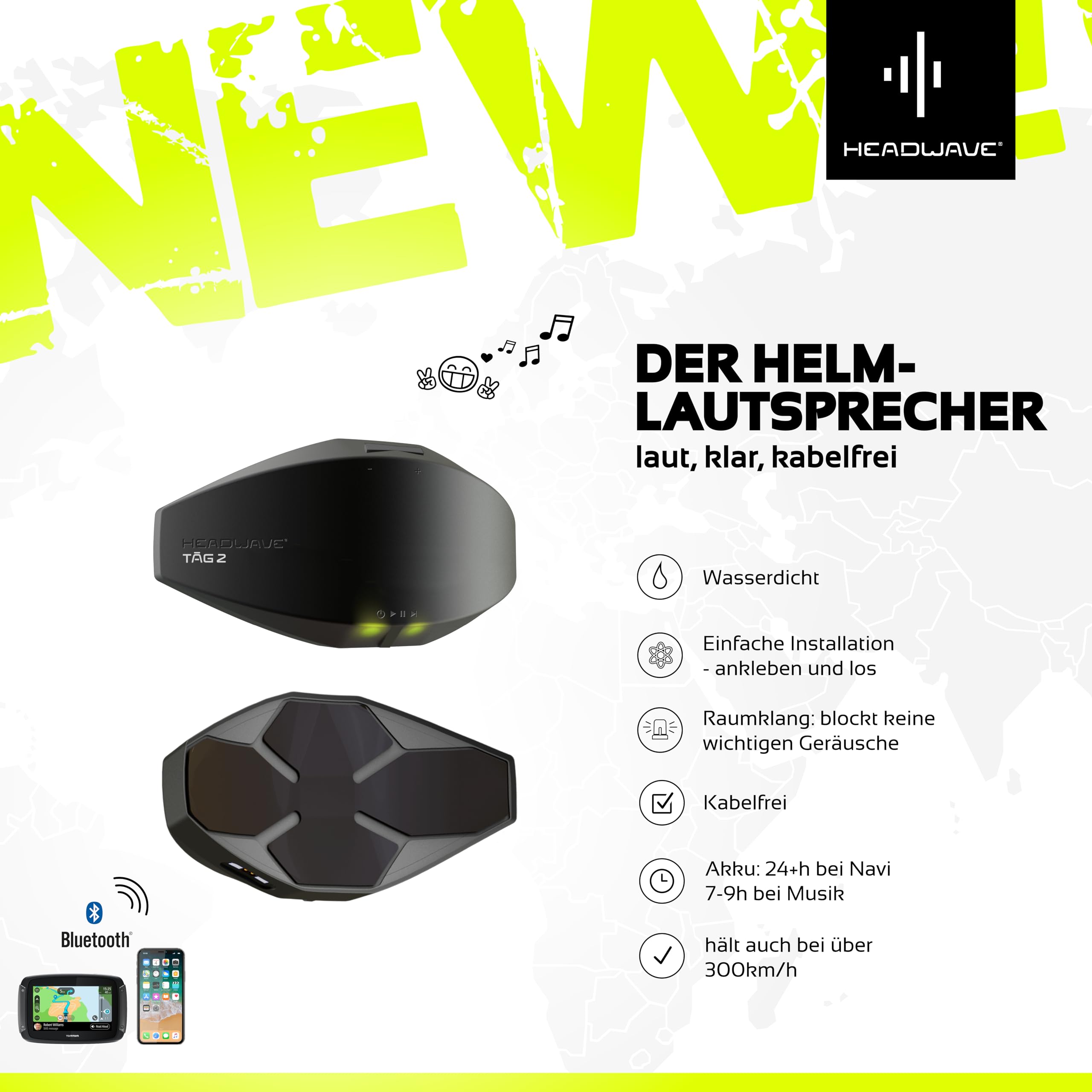 Headwave TĀG 2 - Bluetooth Lautsprecher für Motorrad-Helme, Musik und Navigations-Ansagen, Headset, Soundsystem, mega laut und mega Klang