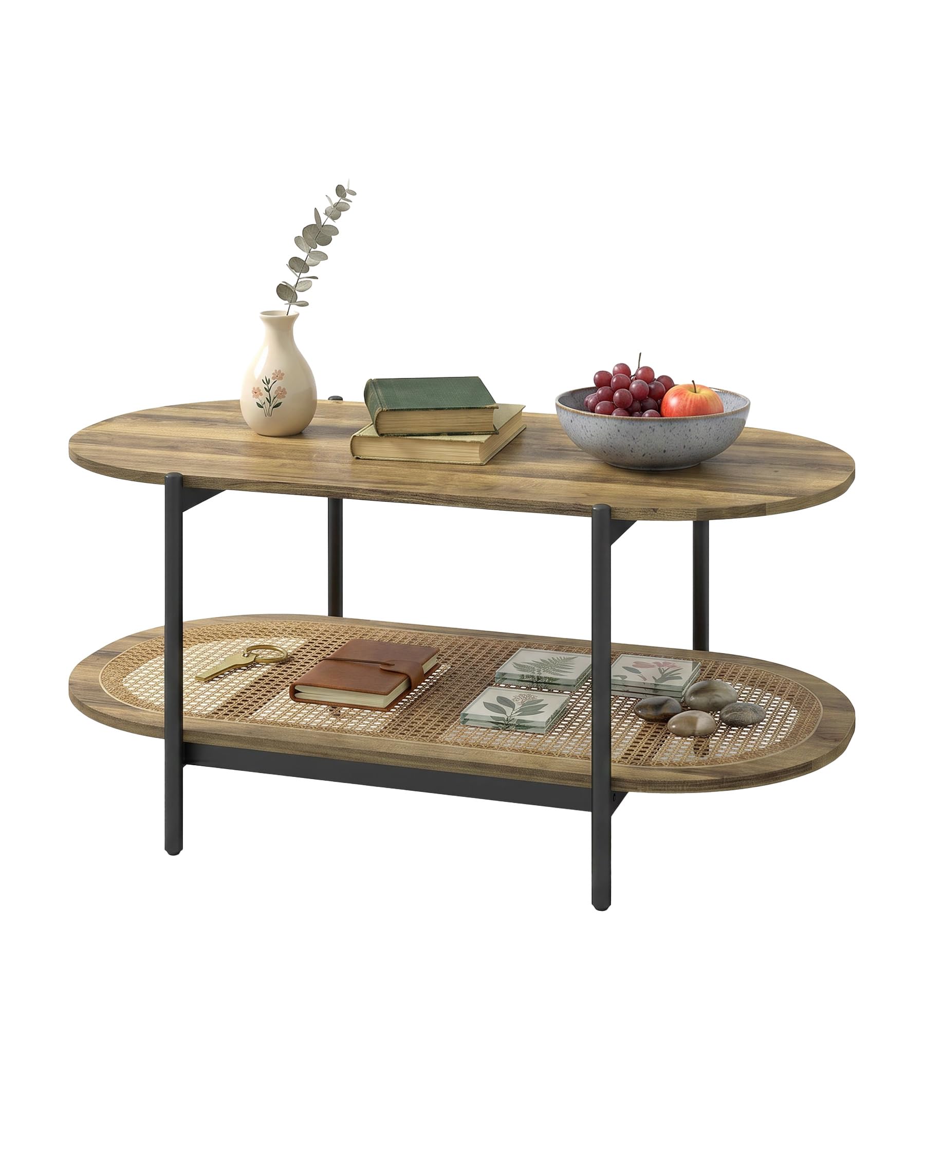 Tavolo Ovale, Tavolino Salotto Moderno Legno, Coffee Table, Tavolino da Salotto Moderno Legno con telaio nero e scaffale