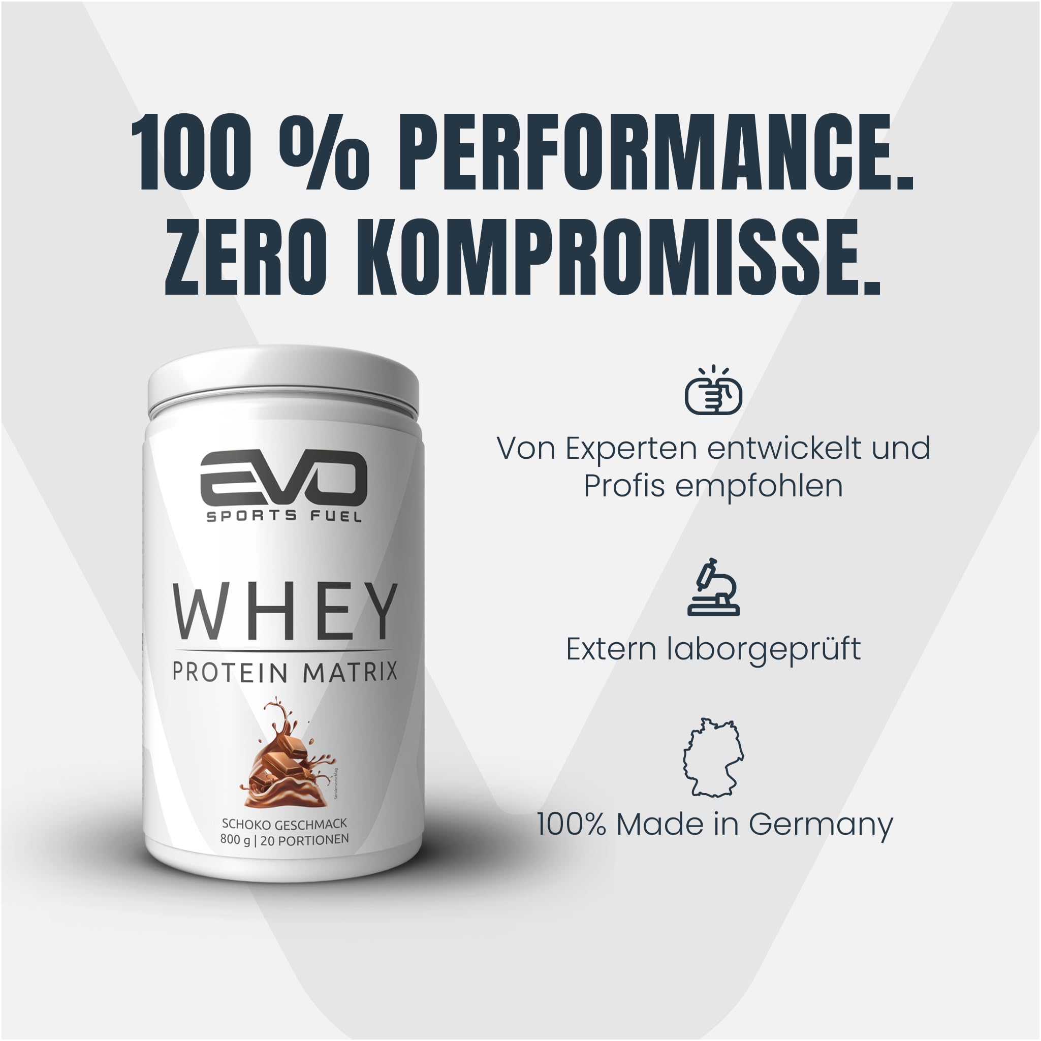 EVO SPORTS FUEL Whey Protein Pulver Matrix | Schoko | 800g | bis zu 31g Protein pro Portion | für Muskelaufbau und -erhalt, geprüfte Qualität | Made in Germany (1er Pack)