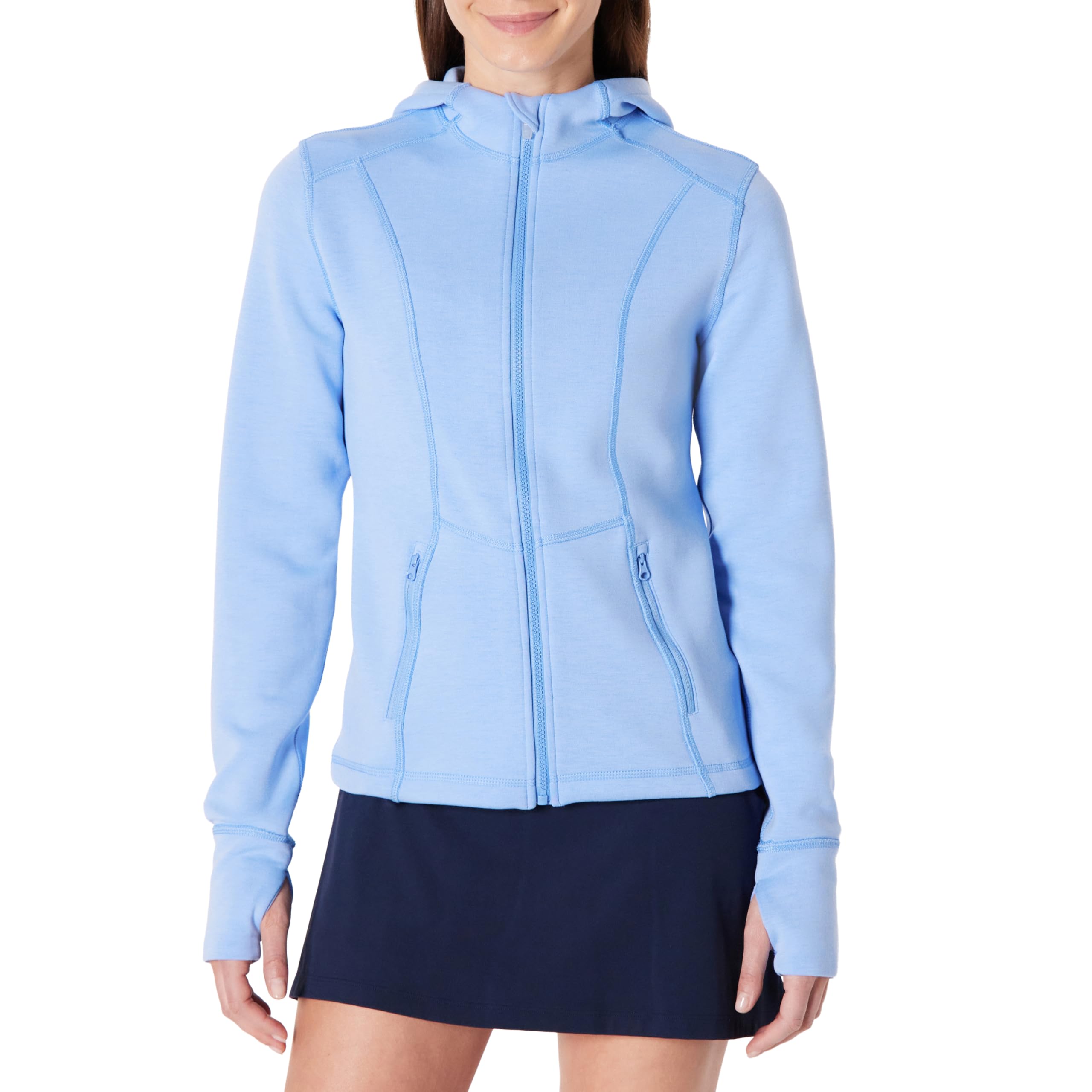 Amazon Essentials Damen Taillierte Sportjacke mit Reißverschluss und Kapuze, Atmungsaktiv, Fitness, Kornblumenblau, M