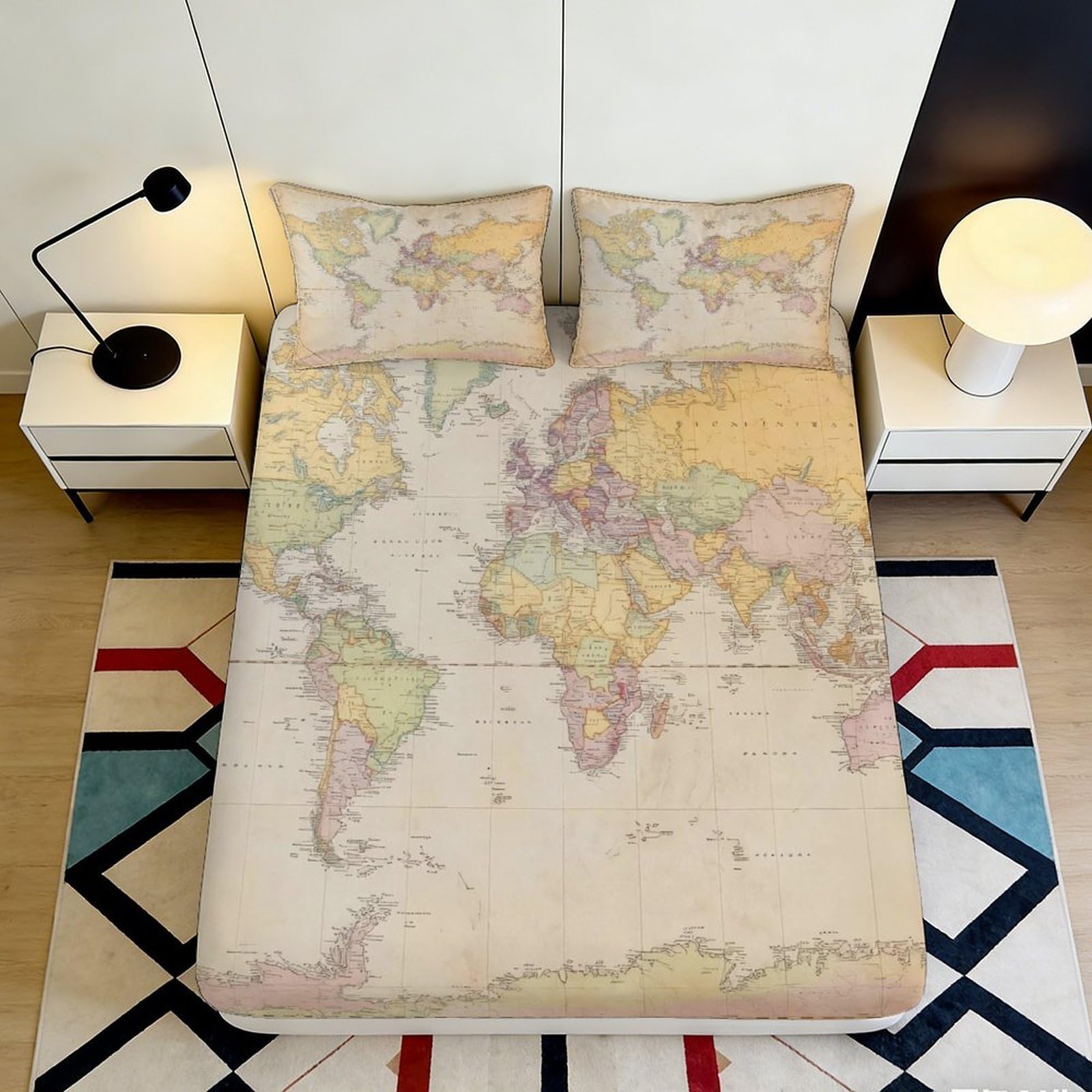 3D Printed World Map Fitted Sheet Microfiber Deep Pocket Bedroom Bedding for Adults World Map Mattress Fitted Cover Non-Slip Washable 200x200x25cm