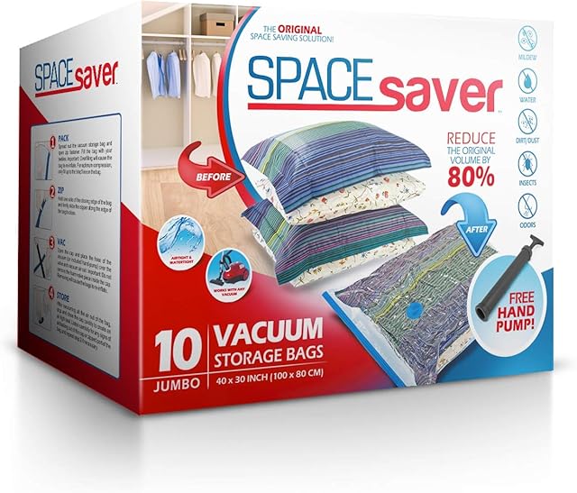 Spacesaver Premium Vacuum Storage Bags. 80% More Storage. Hand-Pump for Travel. Vacuum Sealer Bag with Double-Zip Seal and Triple Seal Turbo-Valve for Max Space Saving in a storage bag (Jumbo 10 Pack)