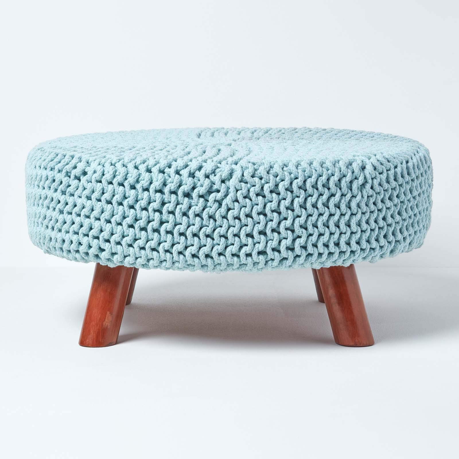 Homescapes Pastel Blue Knitted Pouffe Footstool Occasional Seat 100% Cotton For Living Room Children Or The Elderly