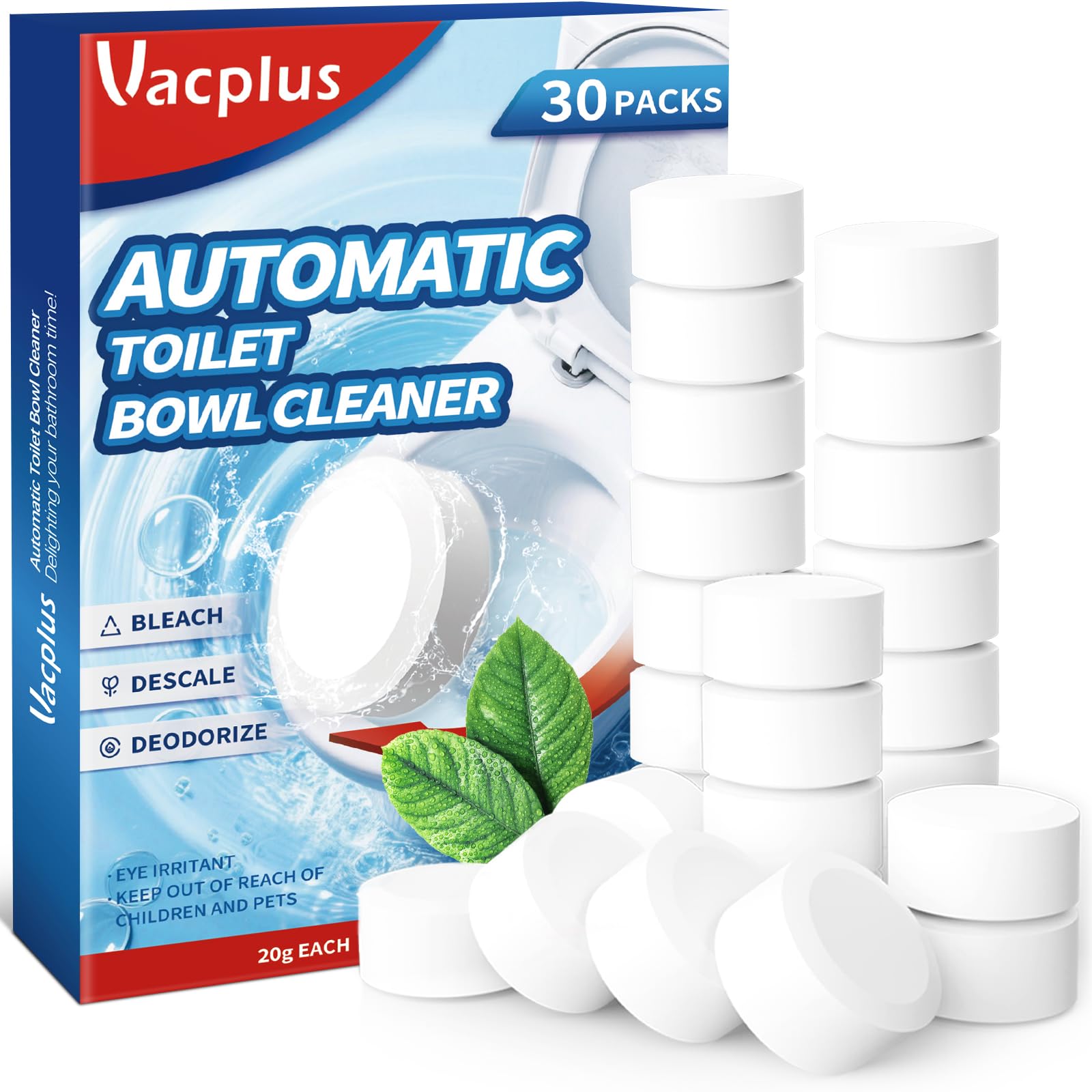 Vacplus Toilet Bowl Cleaner Tablets, 30 Pack, Auto Bleach, New Packaging